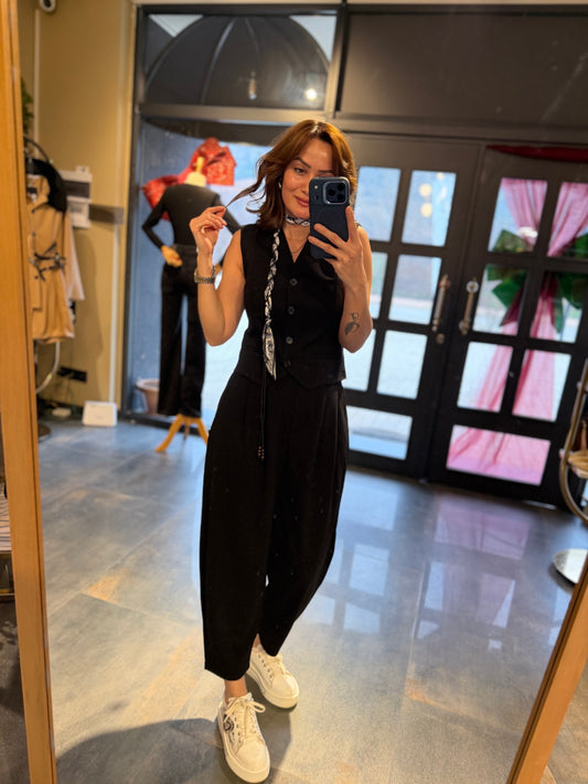 Casual Siyah Harem Yelekli Takım