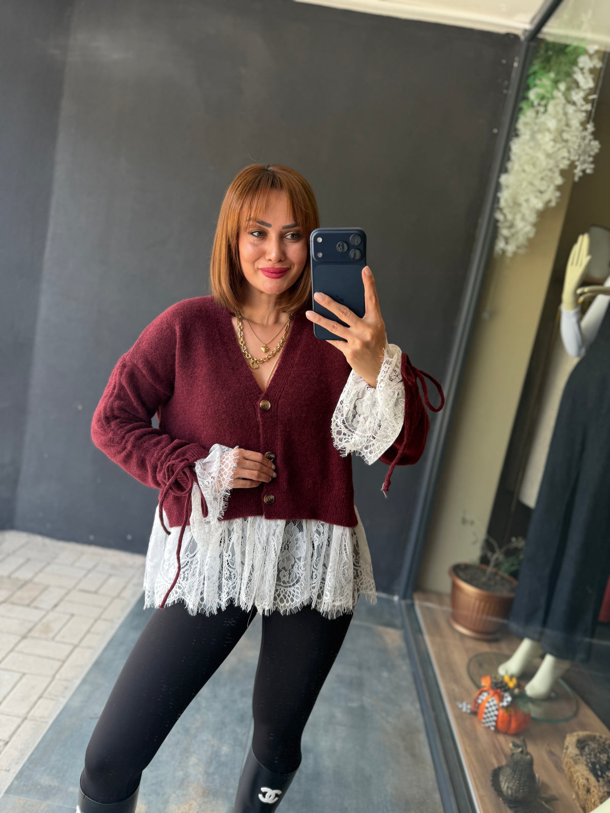 Norel Dantel Detaylı Bordo Hırka