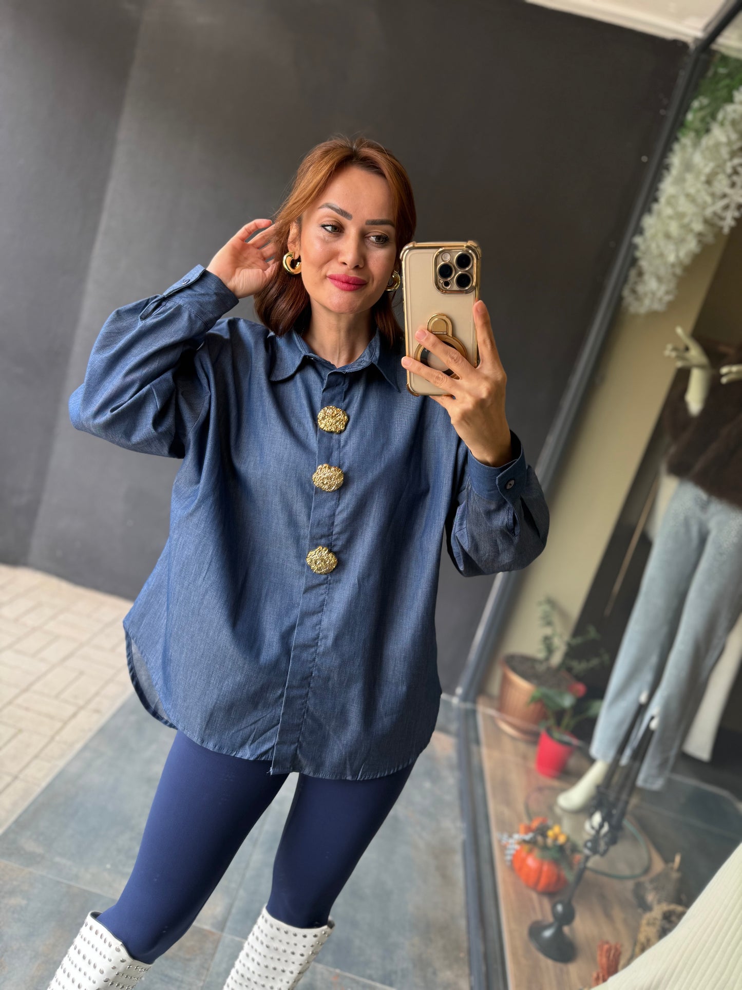 Dafina Gold Broşlu Mavi Gömlek