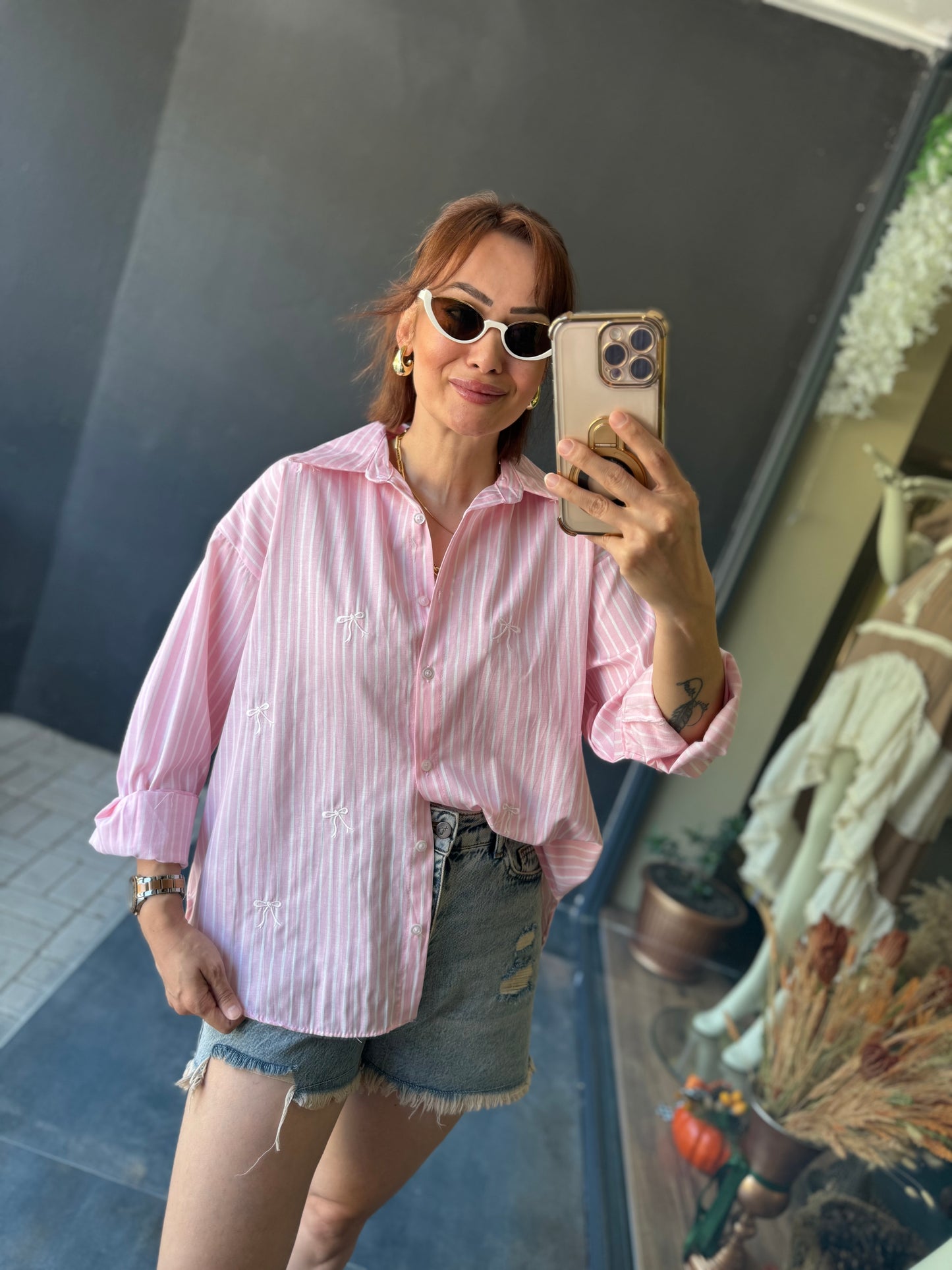 Bısou Pembe Fiyonk Nakışlı Gömlek