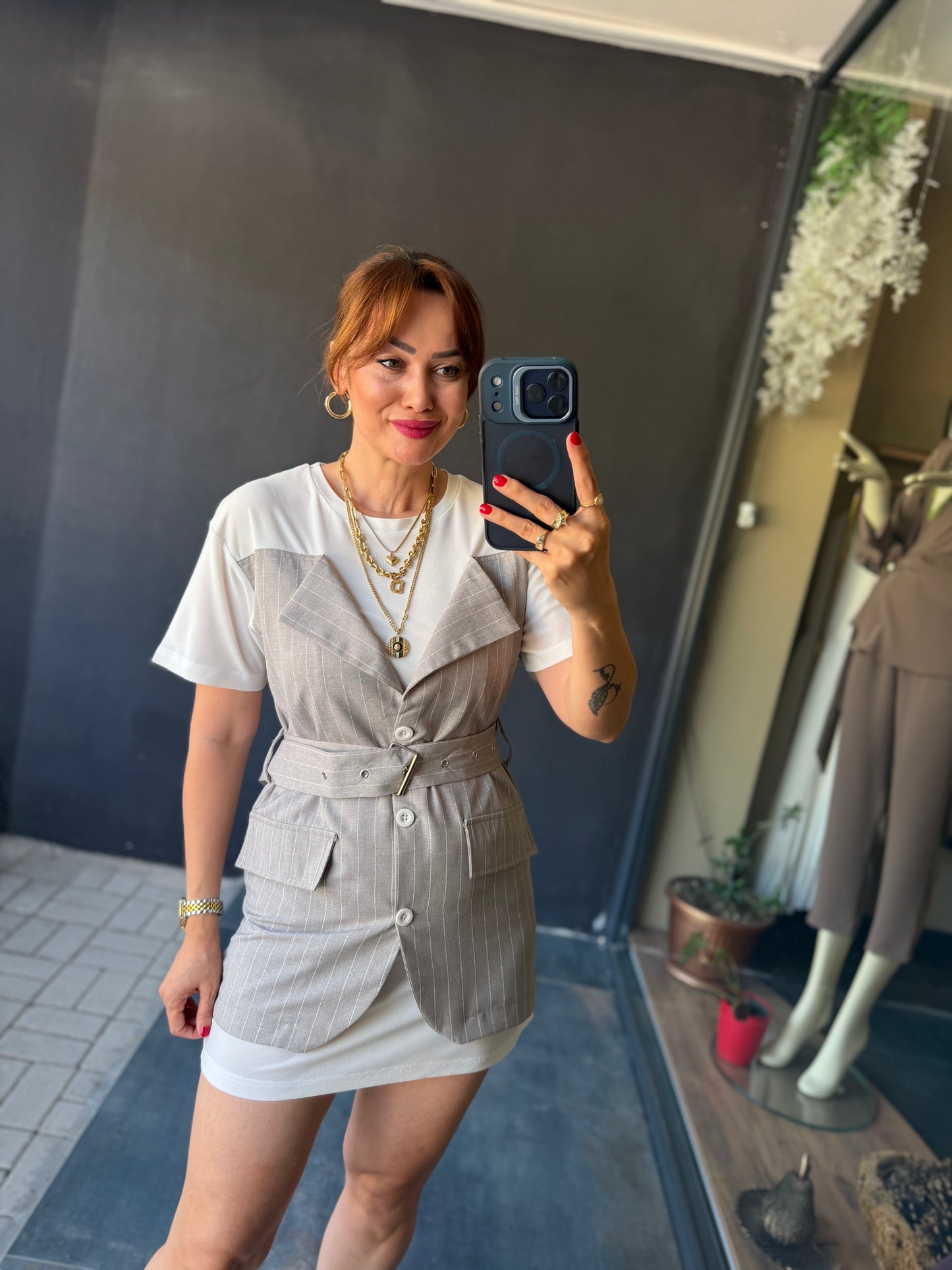 Çizgili Gri Basic Elbise