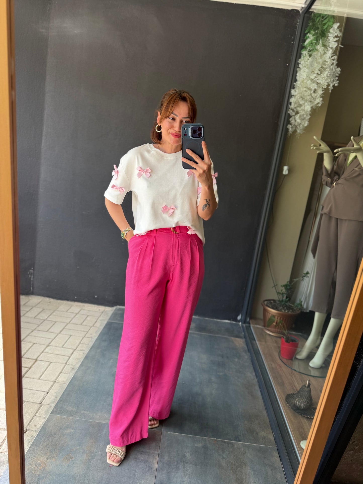 Pembe Palazzo Pantolon /Tshirt Kombin
