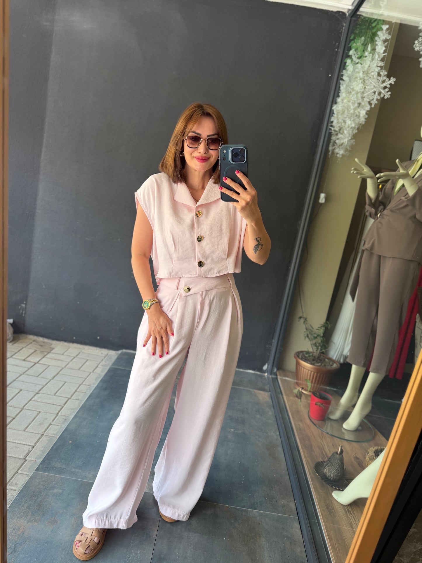 Pudra Bol Paça Pantolonlu Premium Takım