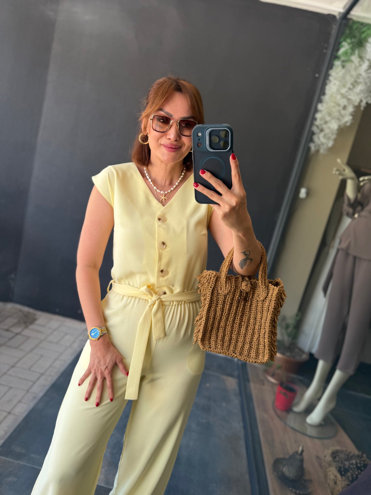 Premium Sarı Tensel Düğme Detaylı Kuşaklı Bol Paça Kadın Tulum