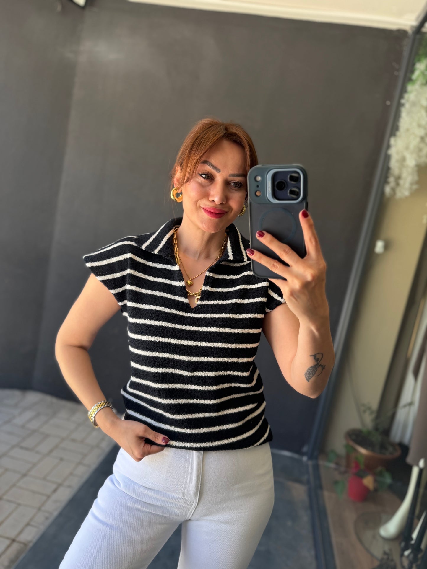Virage Lacivert Çizgili Triko Bluz