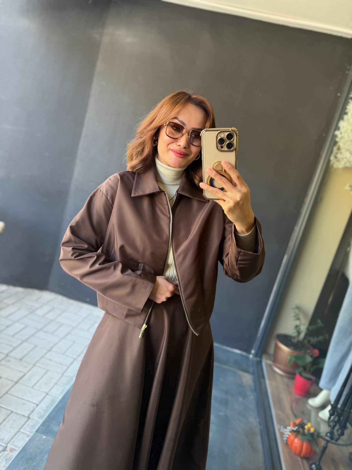 Pesto Kahve Paraşüt Etek&Ceket Takım