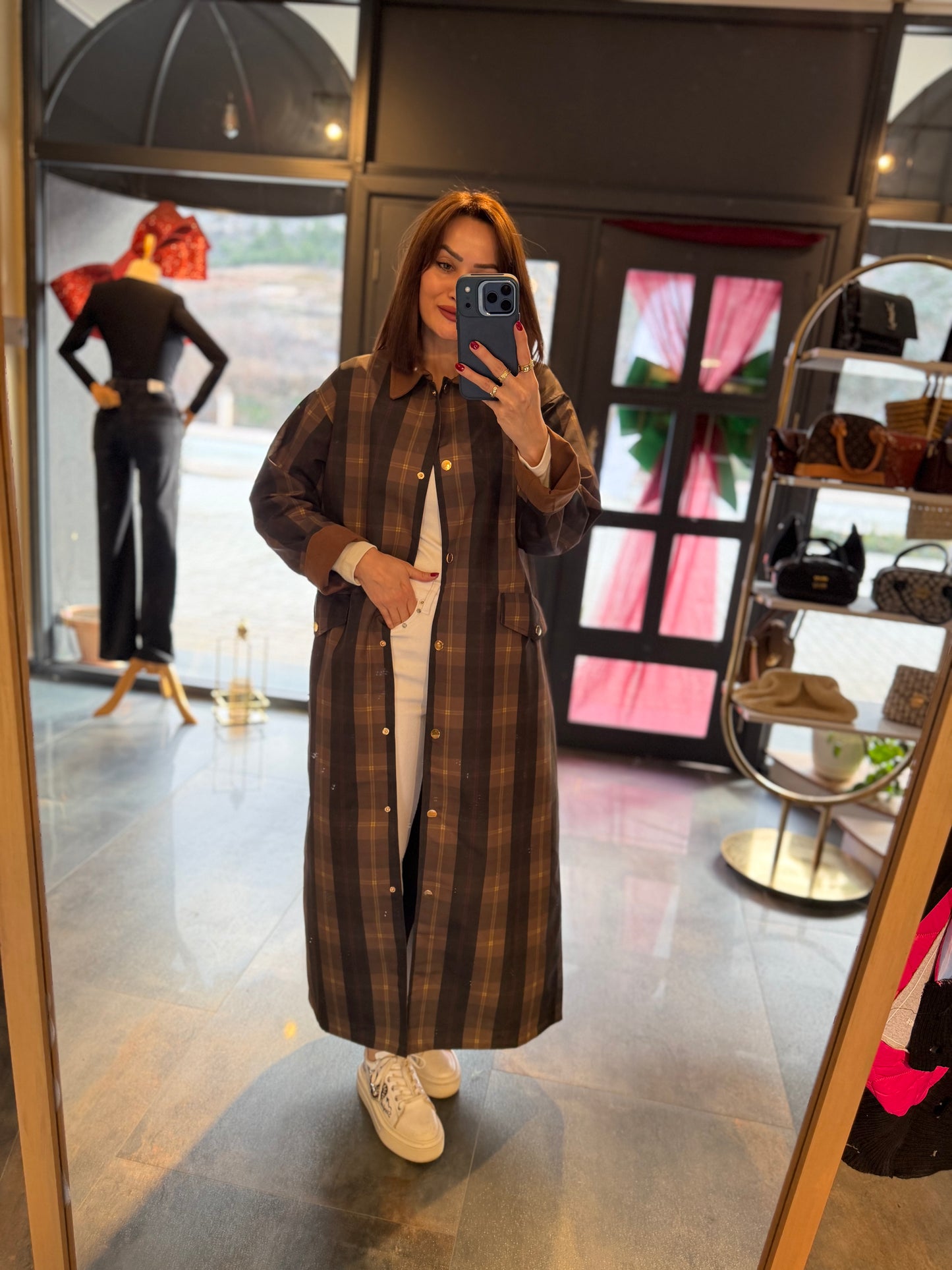 Mesli Kareli Su Geçirmez Trench