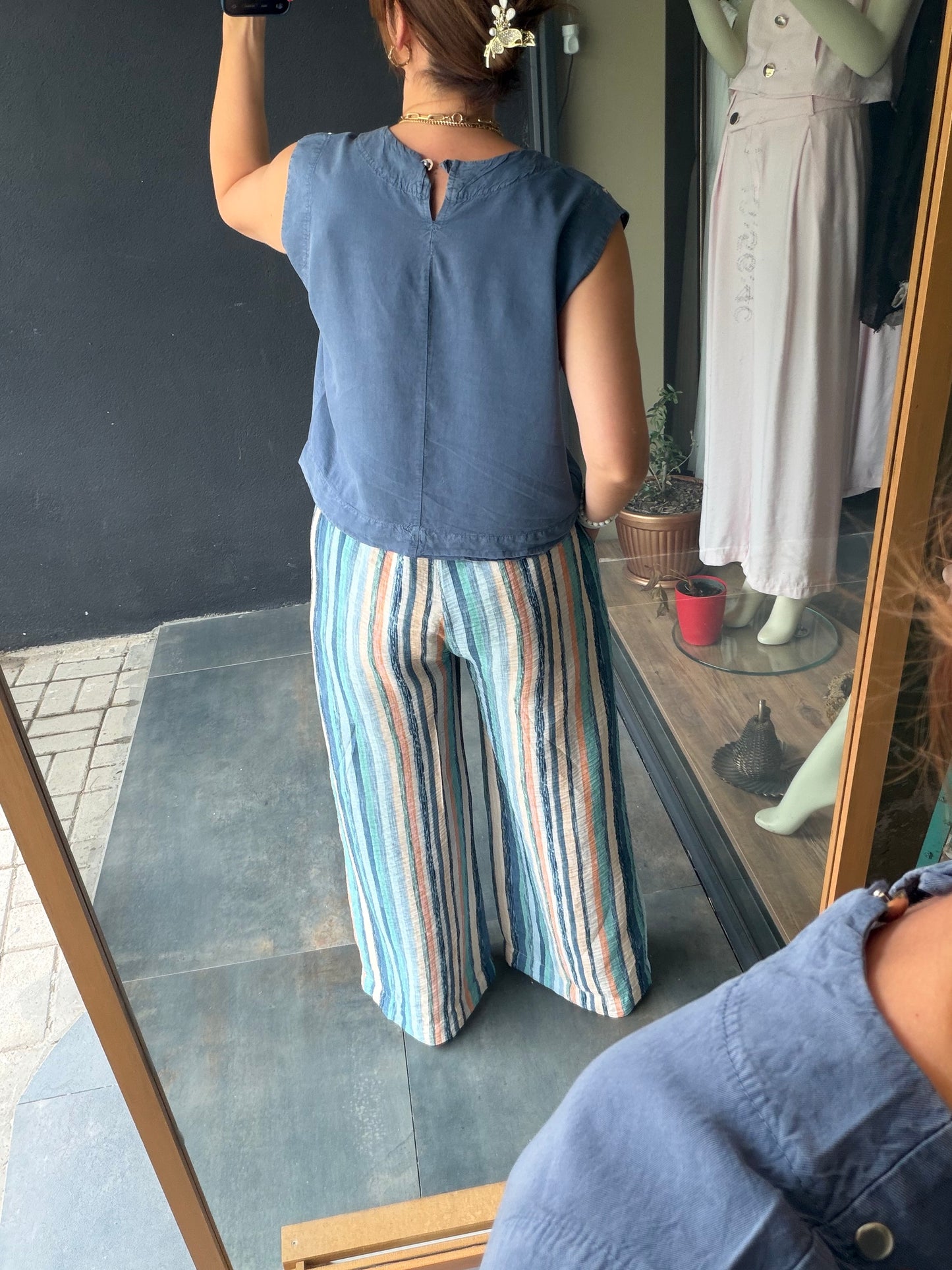 Sahara Mavi Çizgili Bol Paça Pantolon & Bluz Takım