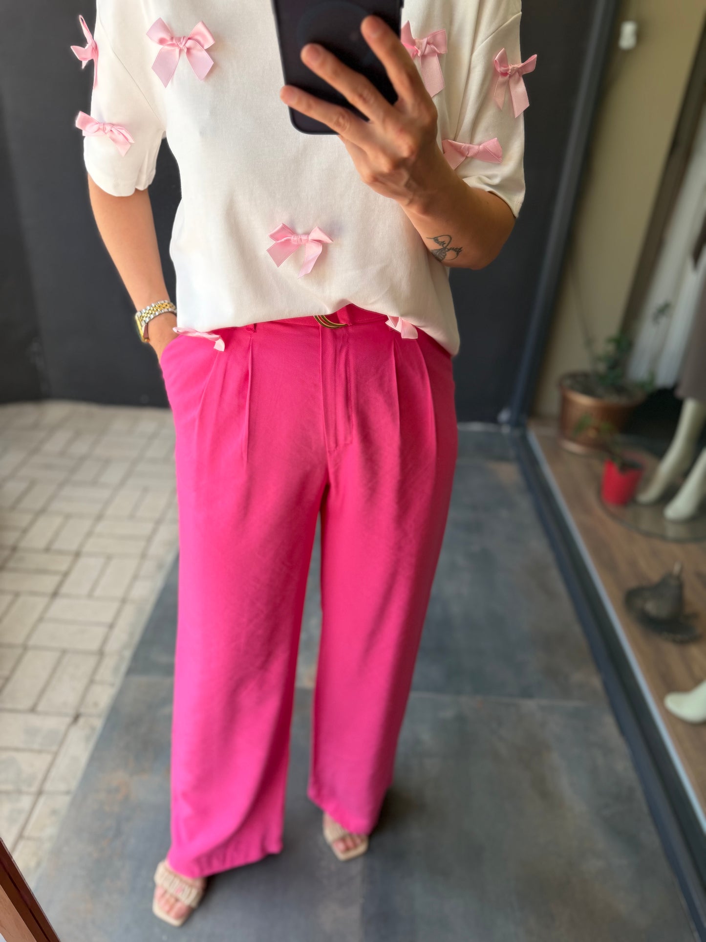 Pembe Palazzo Pantolon /Tshirt Kombin