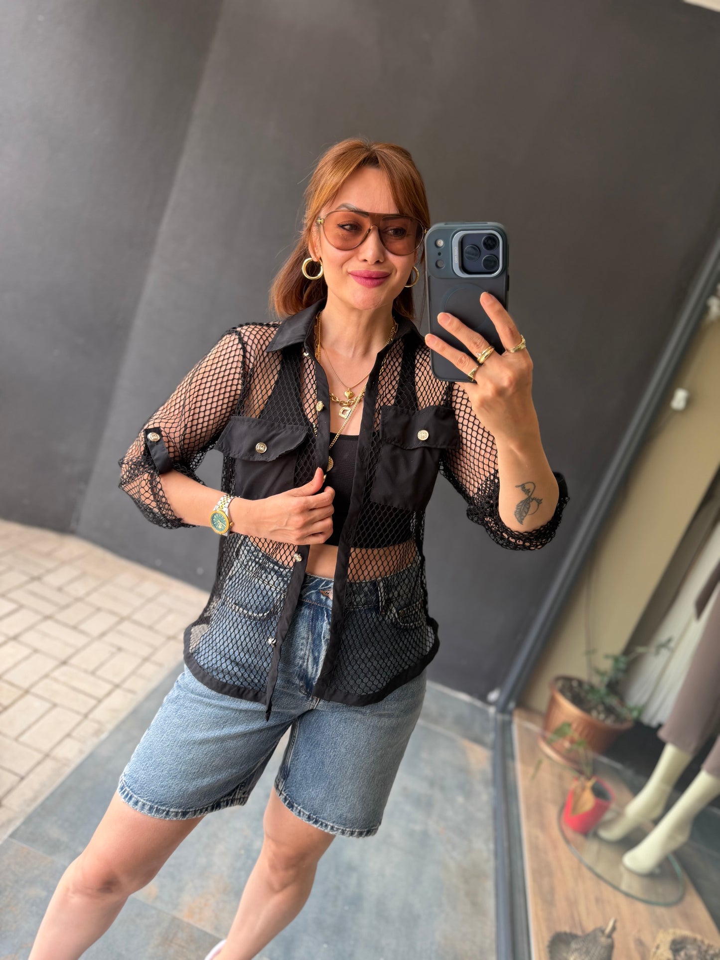 Siyah File Detaylı Transparan Kadın Gömlek