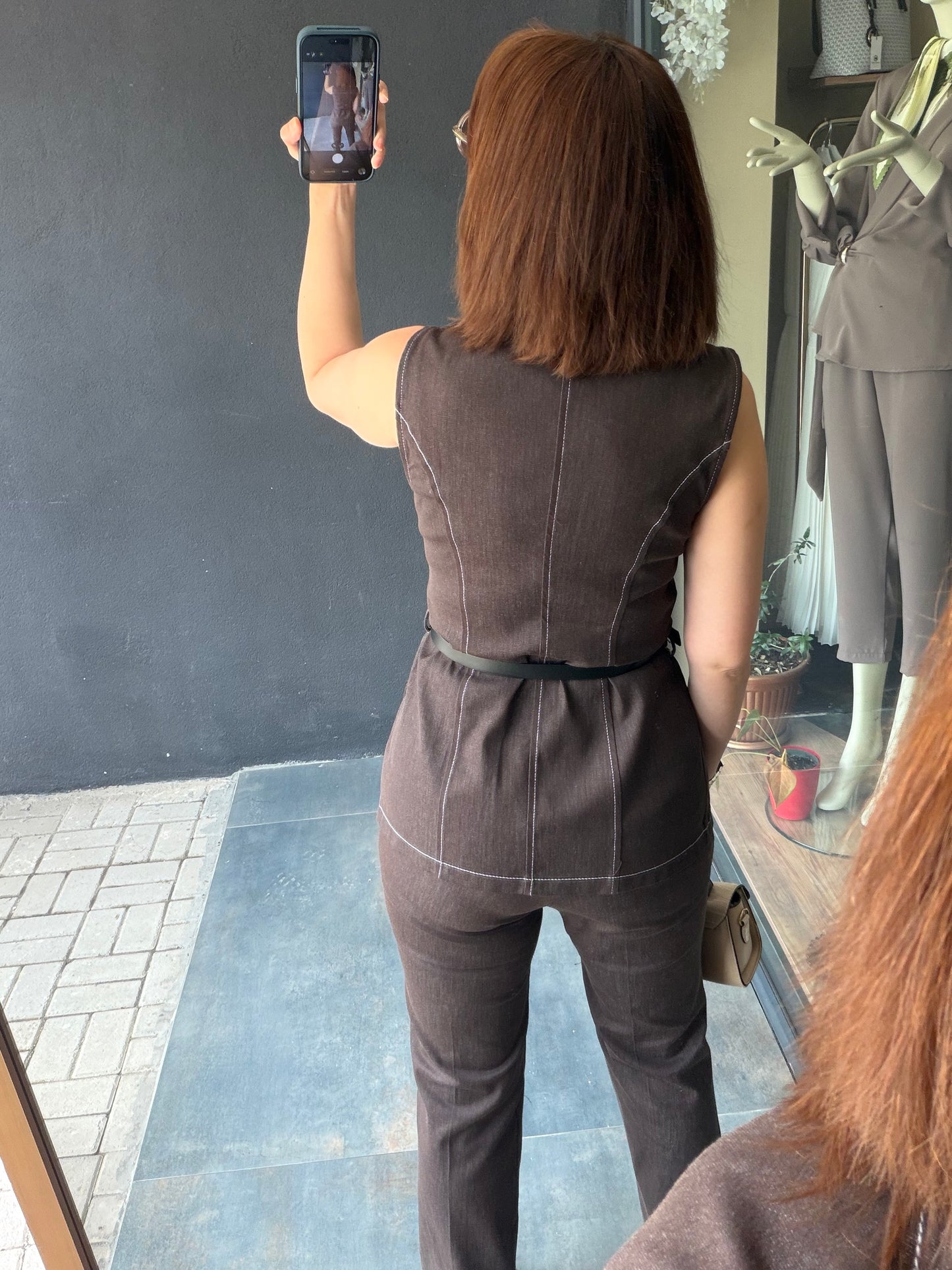 Kahve Kontrast Dikiş Yelek Pantolon Takım