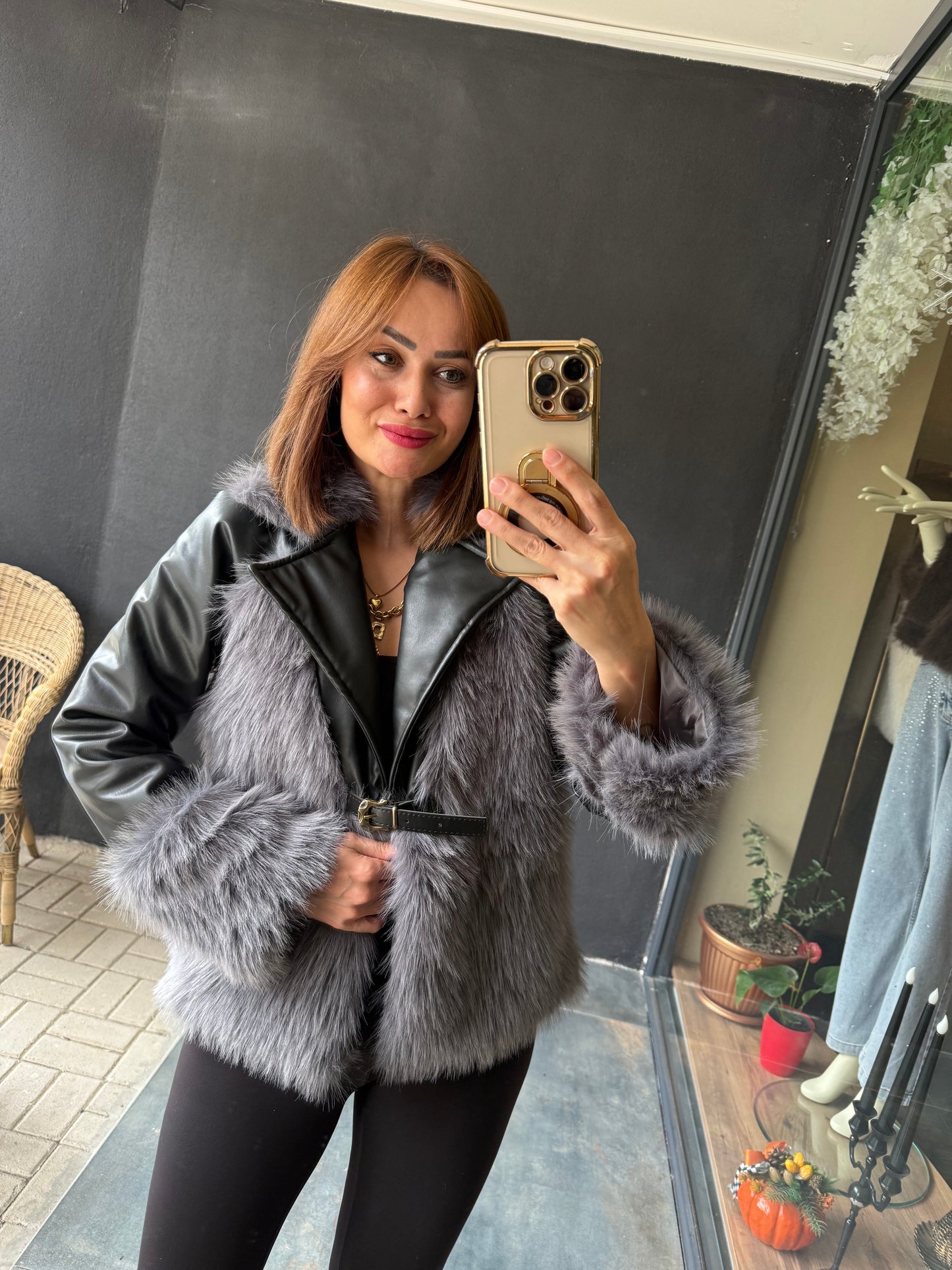 Deer Siyah Deri & Kürk Ceket