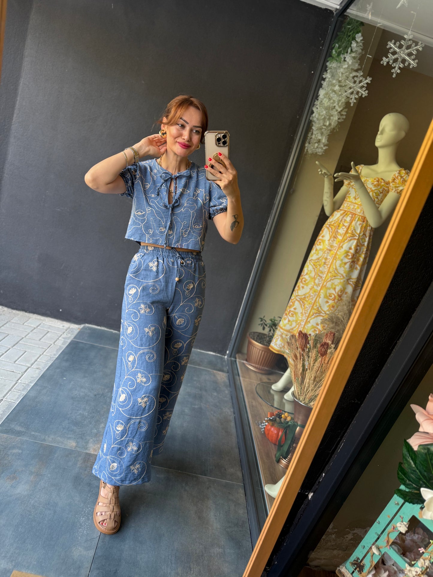 Cutest Mavi Nakışlı Pantolon Takım