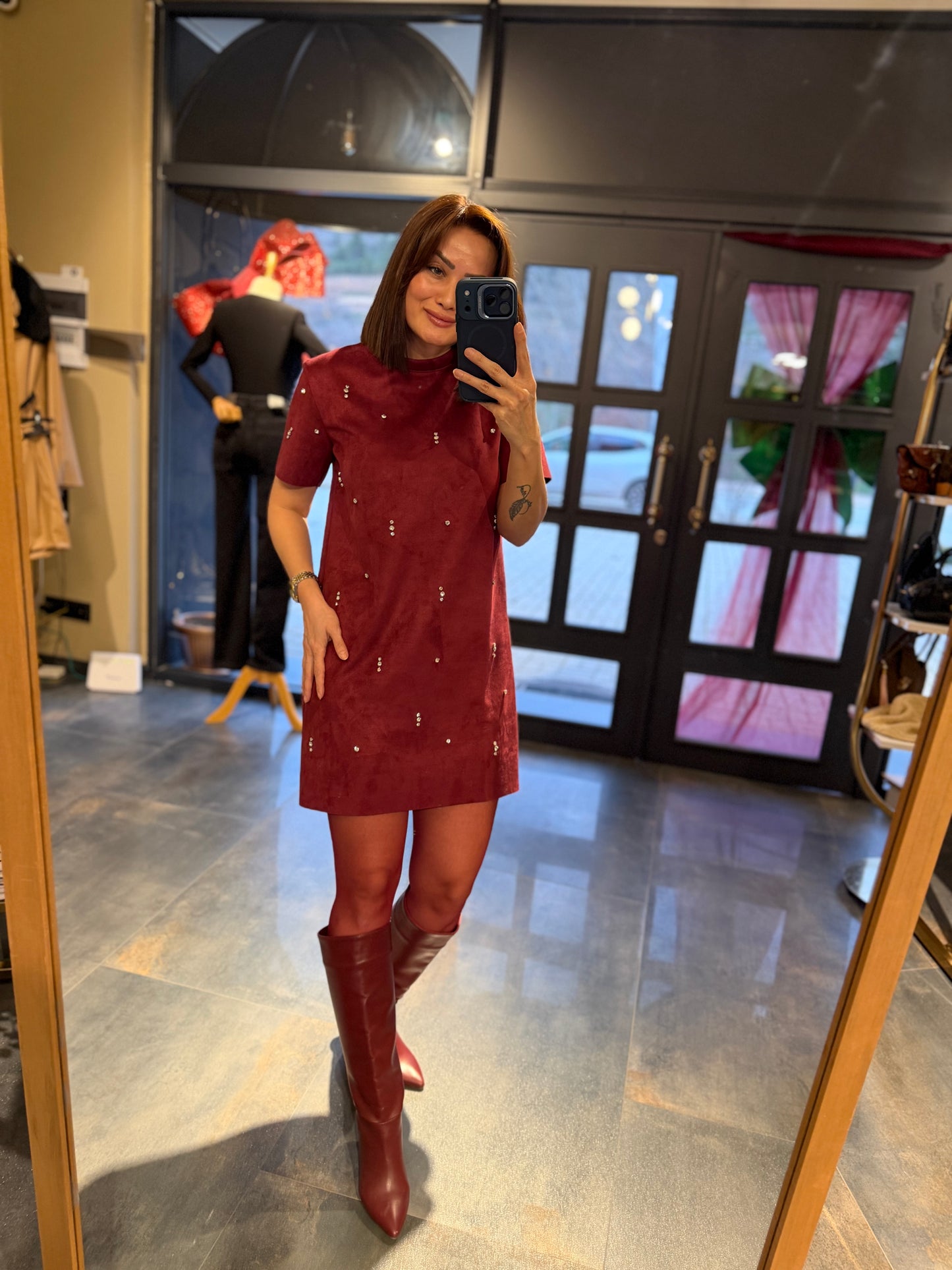 Moss Bordo Süet Taş Detay Elbise