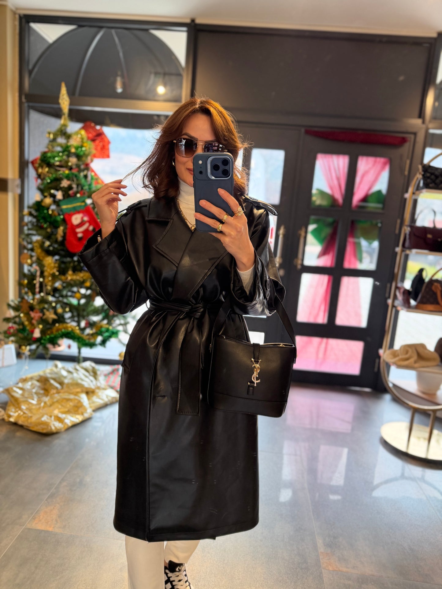 Glam Siyah Deri Trench
