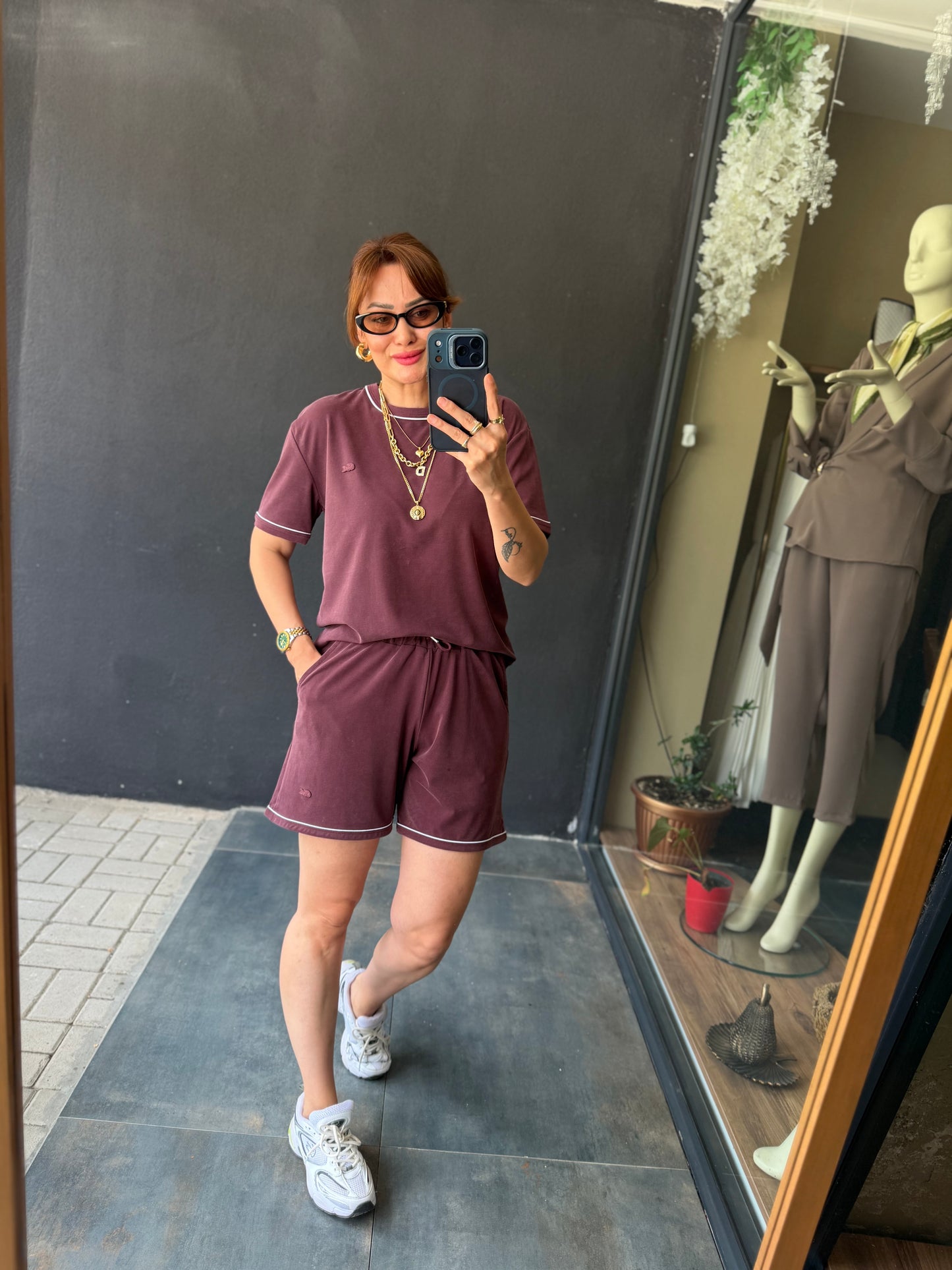 Günlük Basic Şortlu Kadın Takım Bordo