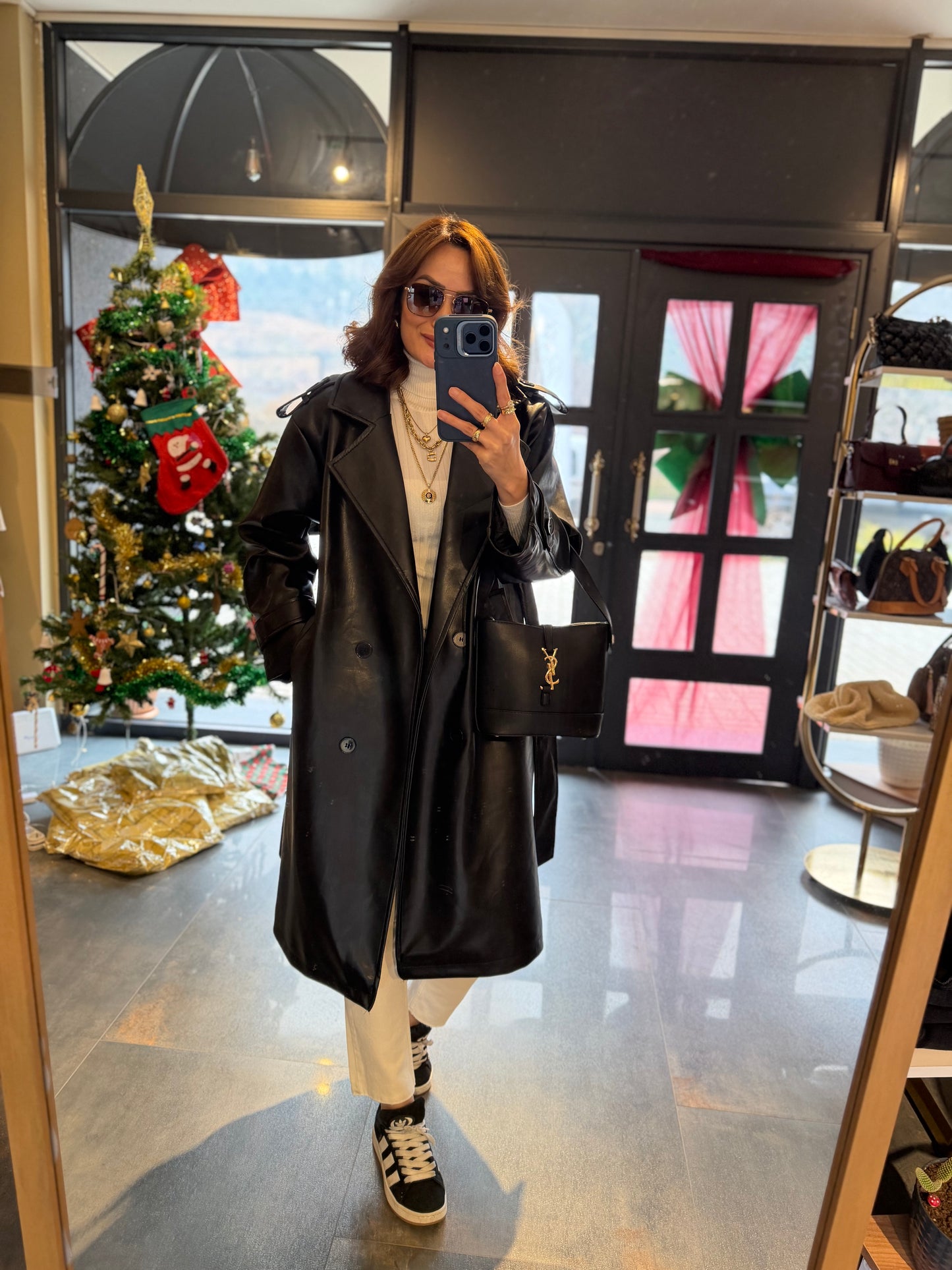 Glam Siyah Deri Trench