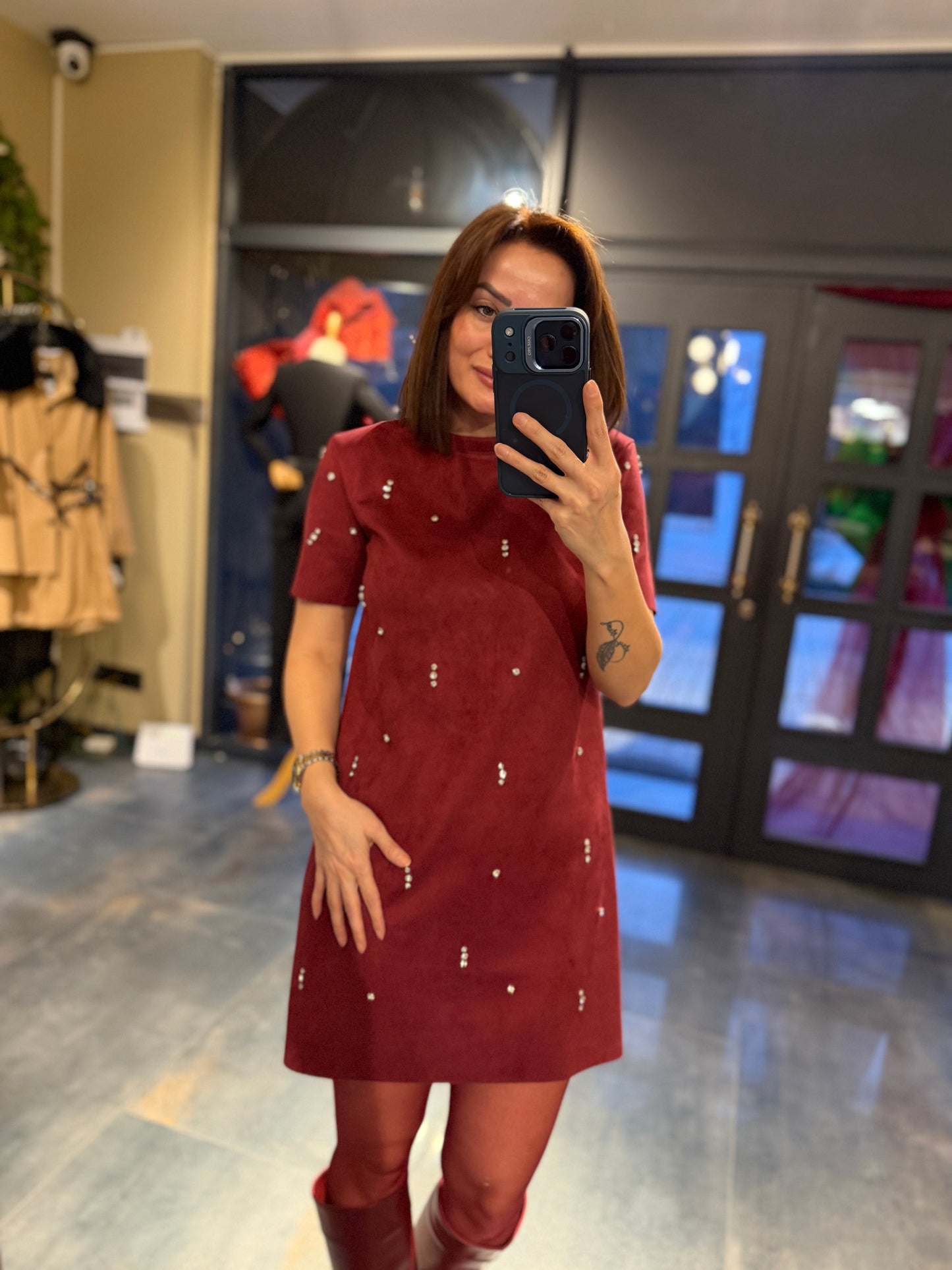 Moss Bordo Süet Taş Detay Elbise