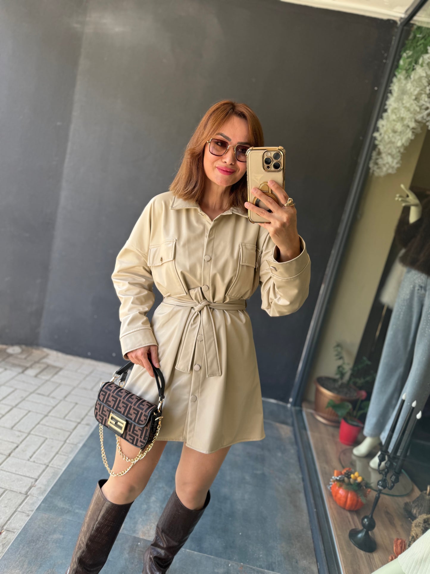 Prady Krem Deri Elbise &Tunik