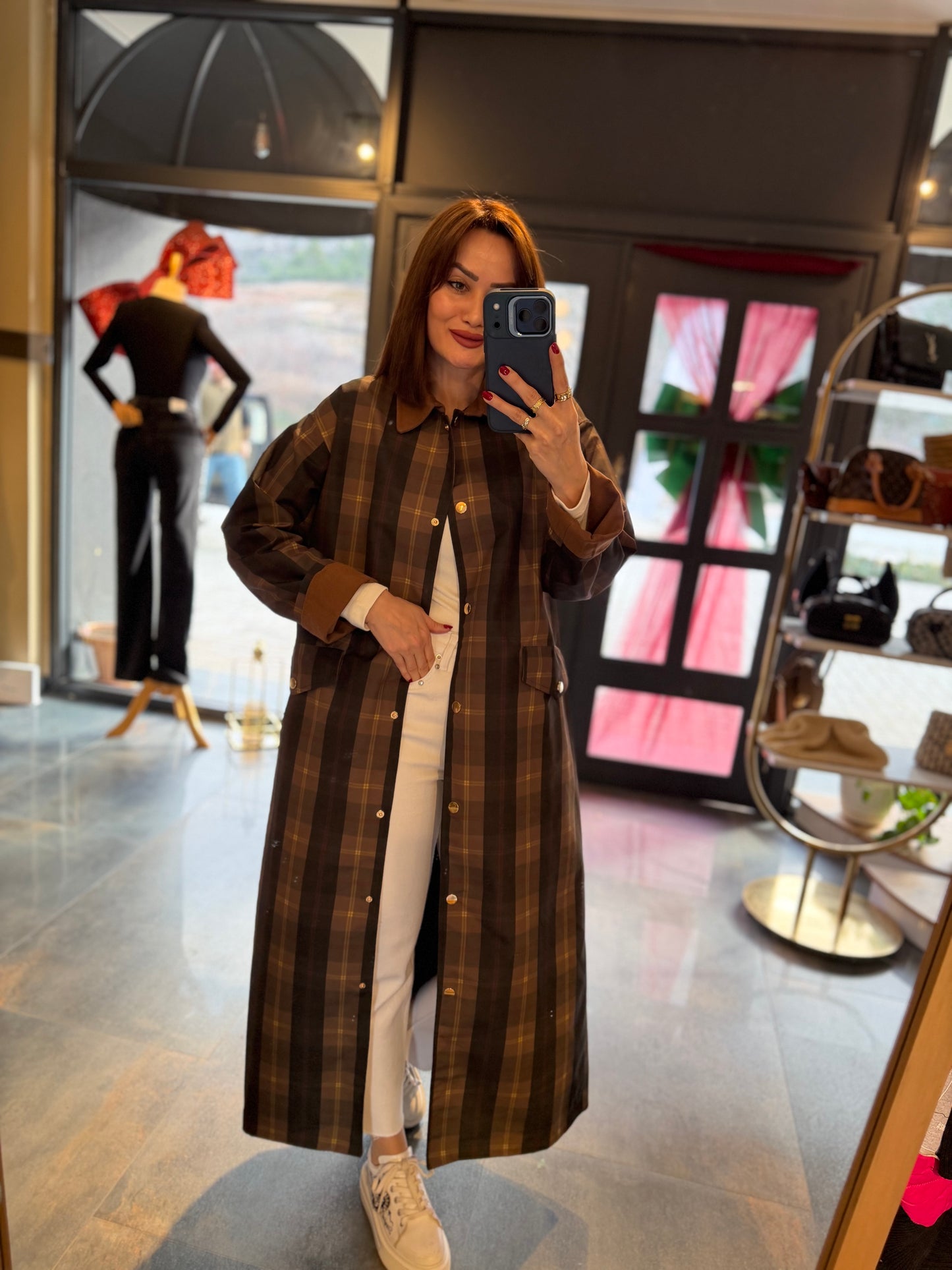 Mesli Kareli Su Geçirmez Trench