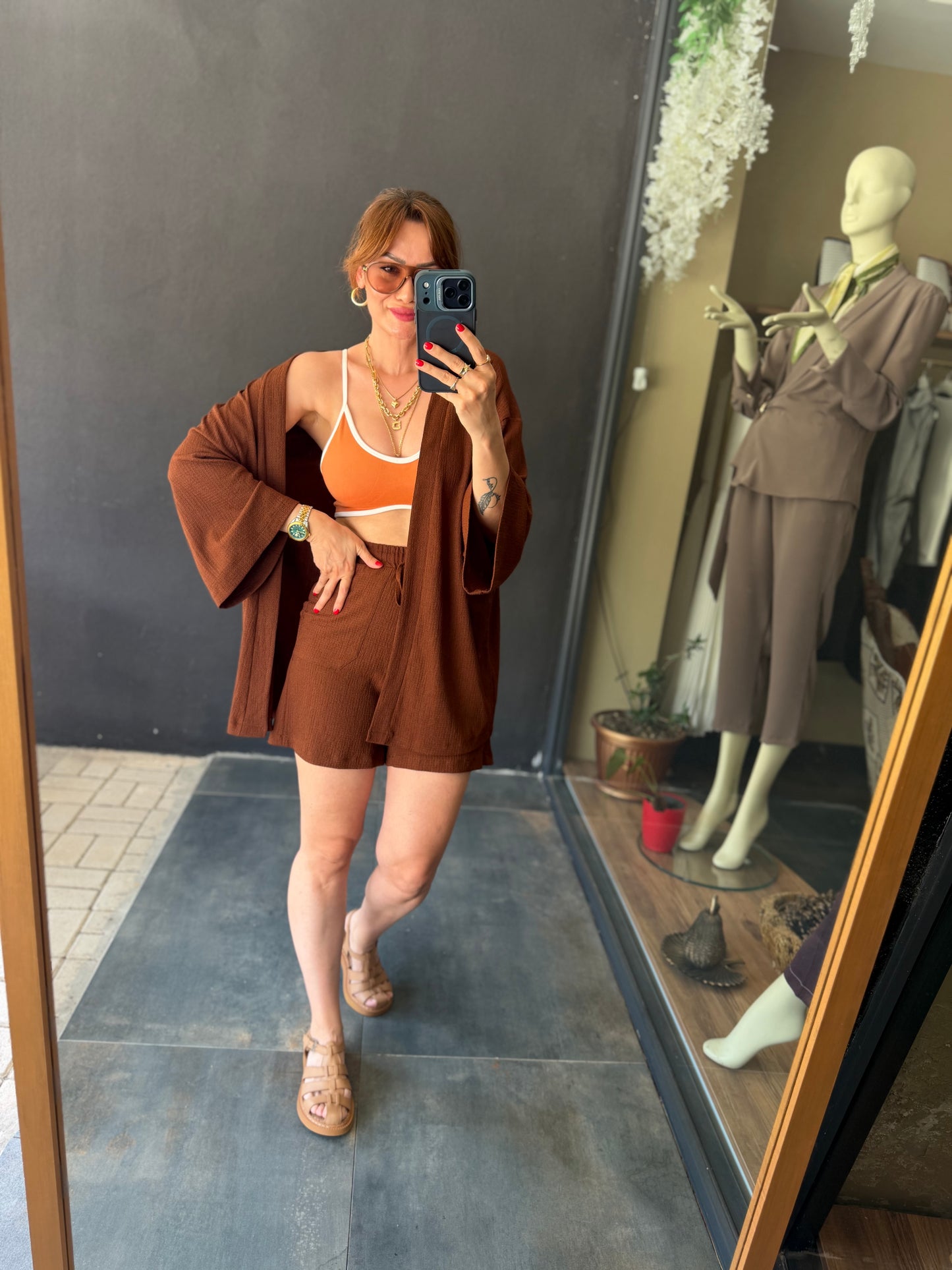 Kahve Müslin Şort Kimono Takım