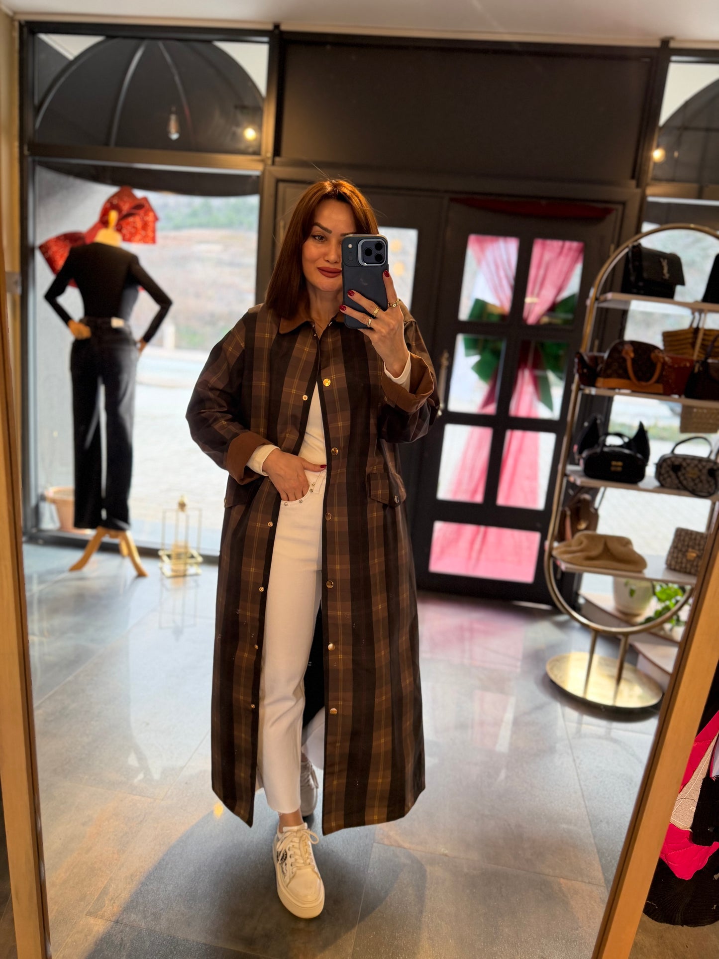 Mesli Kareli Su Geçirmez Trench