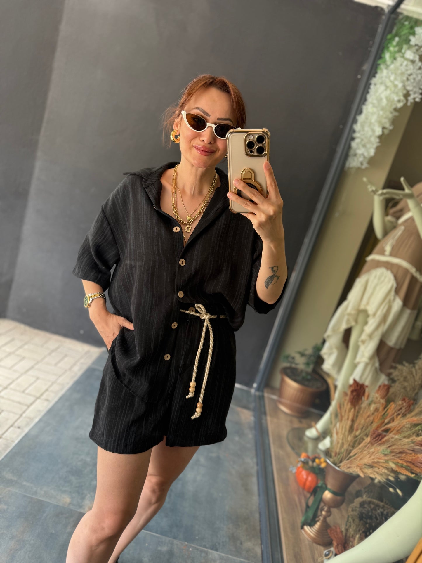 Bandido Siyah Keten Şort Takım