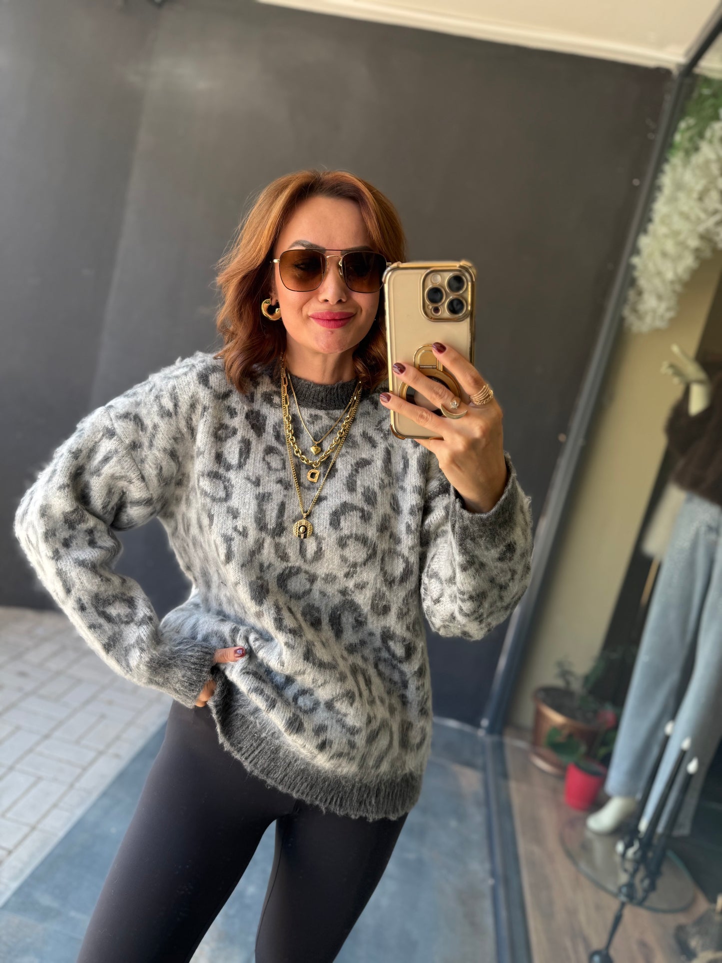 Ozi Gri Leopar Kaşmir Kazak