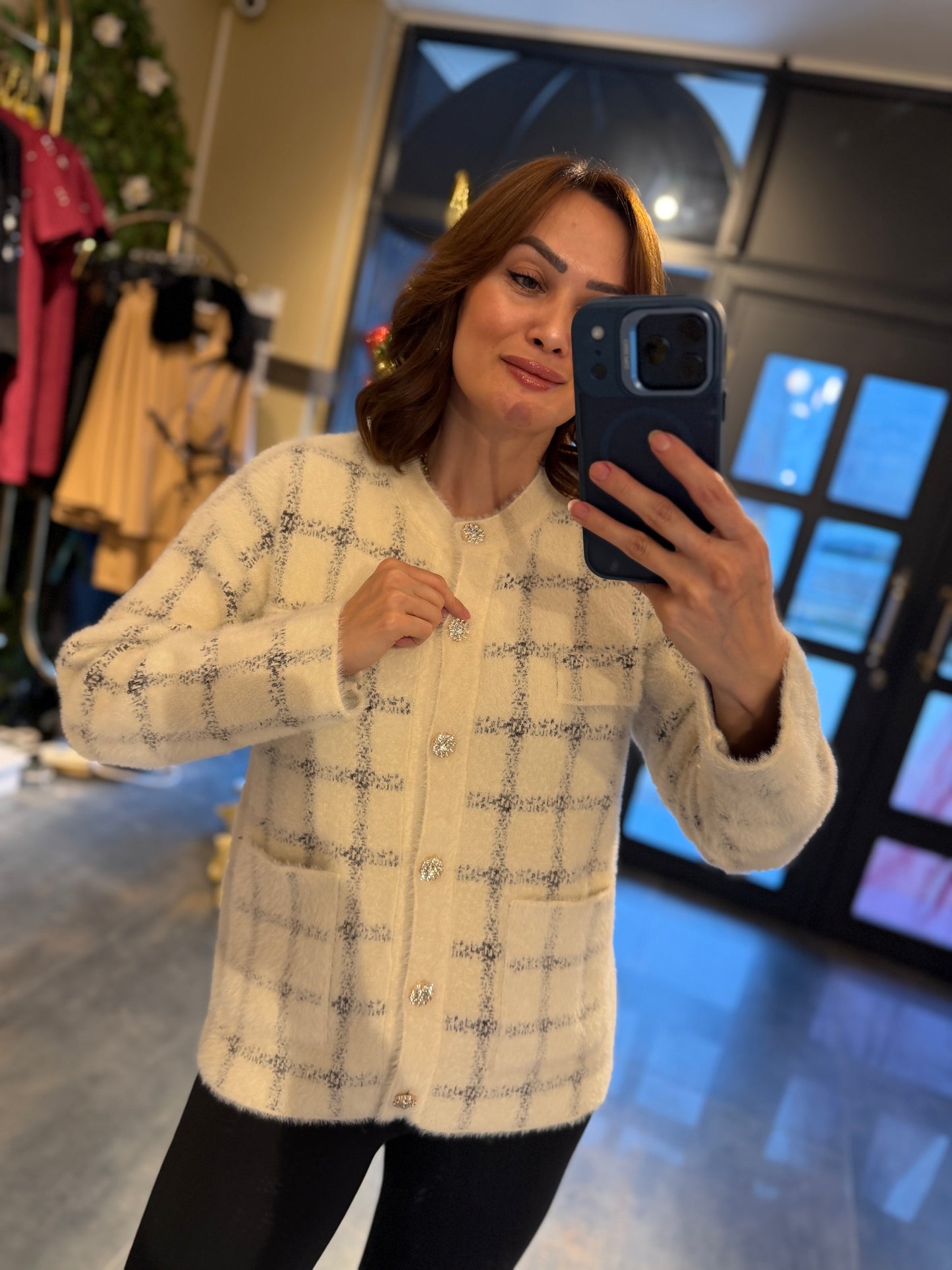 Estas Gri Kareli Kaşmir Hırka