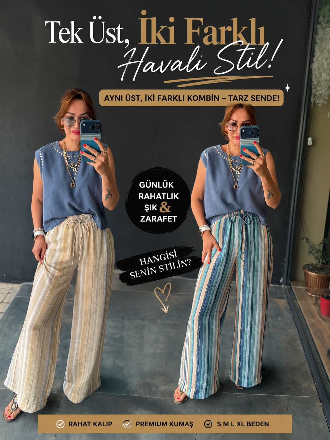 Sahara Bej Çizgili Bol Paça Pantolon & Bluz Takım