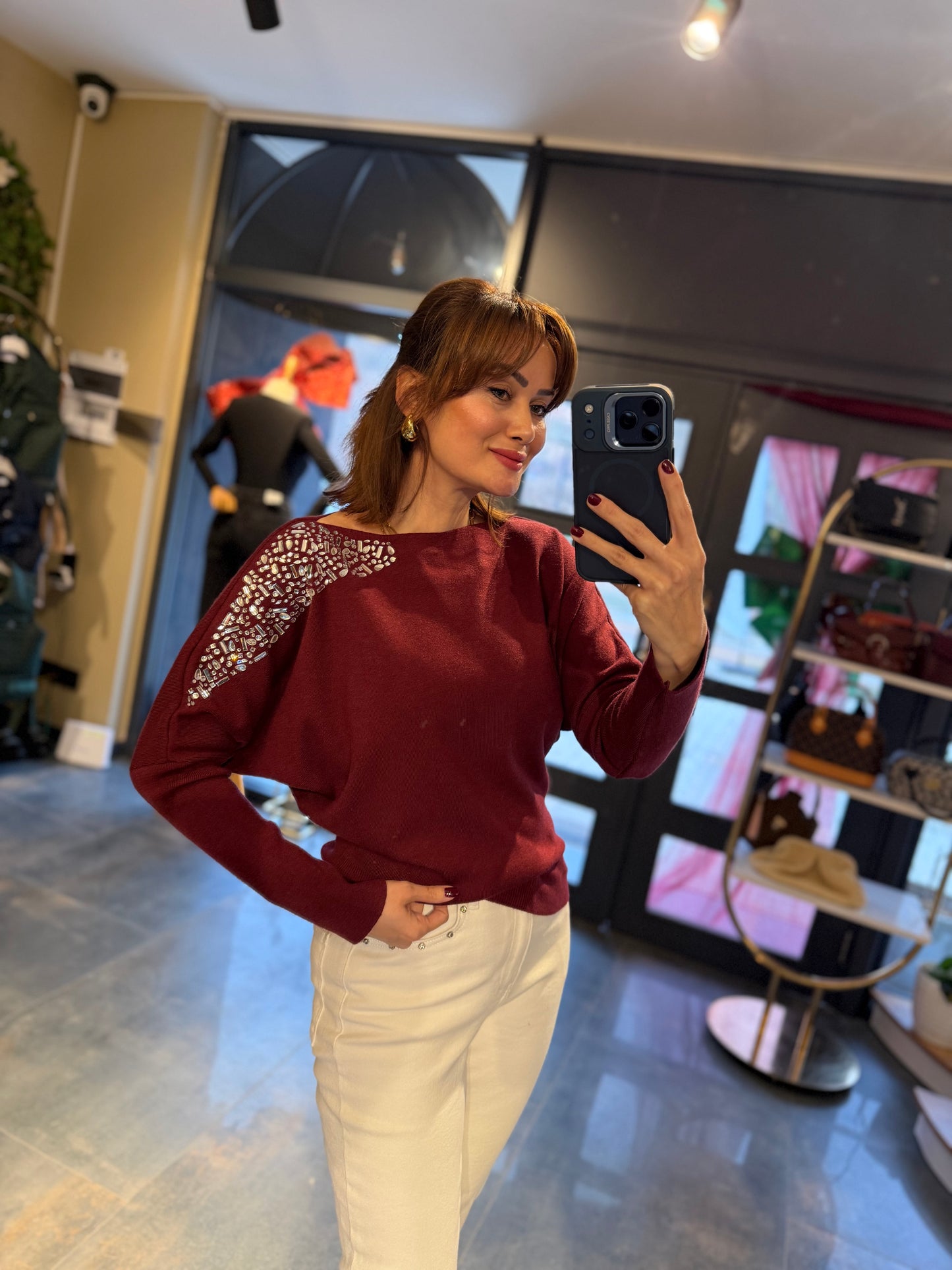 Buruni Bordo Çelik Örme Bluz