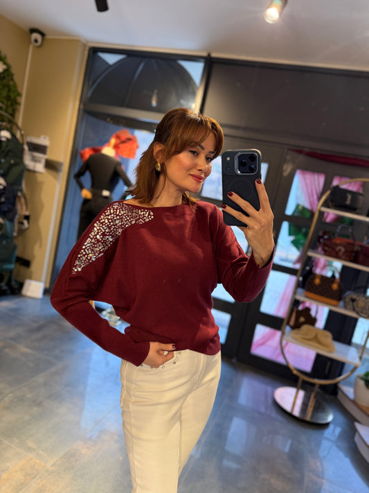 Buruni Bordo Çelik Örme Bluz