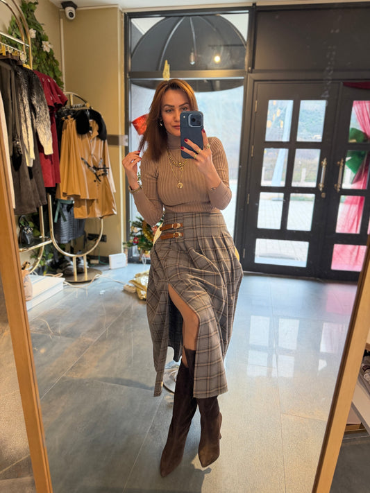 Cream Ekose Yırtmaçlı Etek