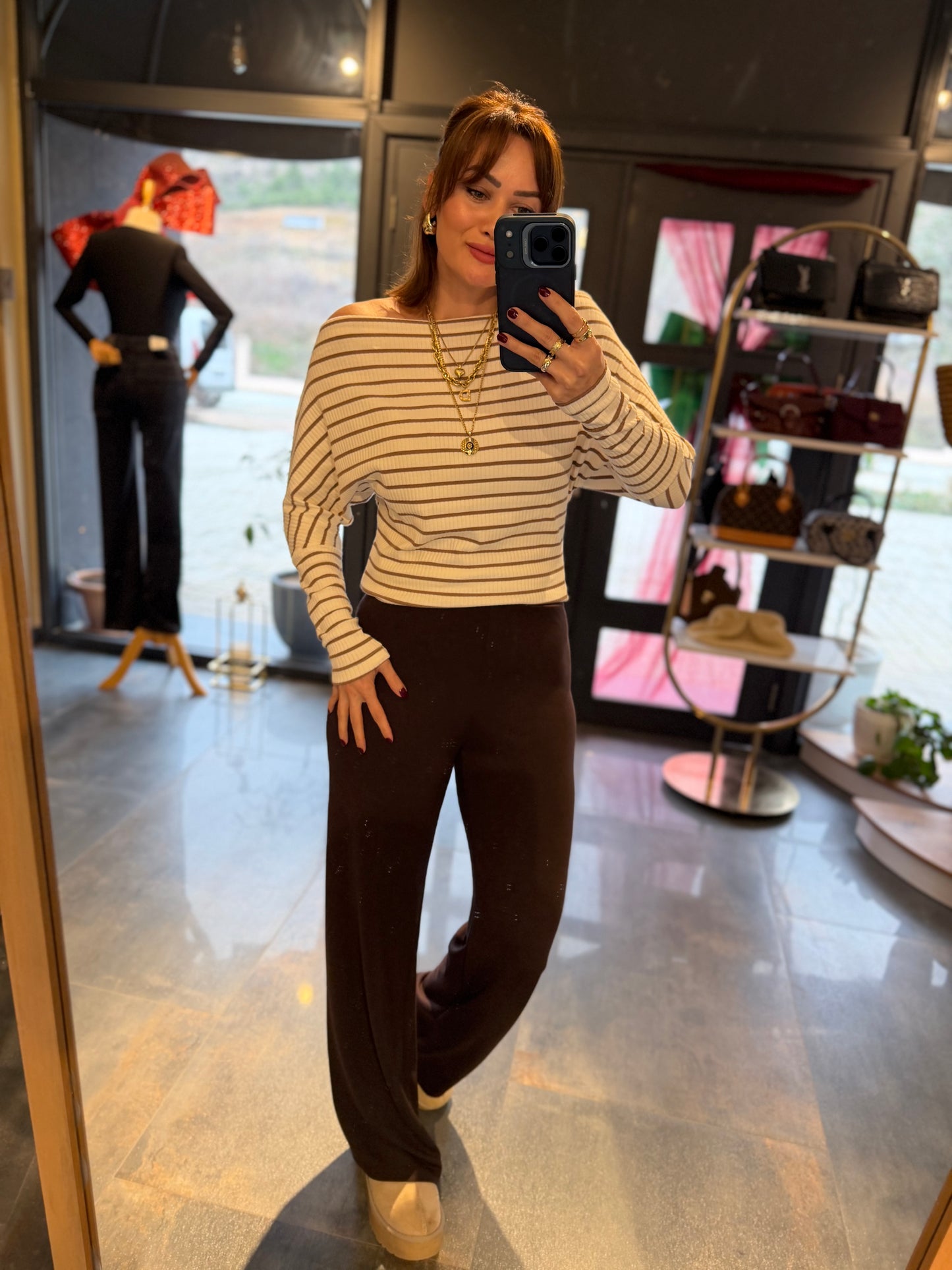 The Secret Kahve Modal Pantolon & Çizgili Bluz Takım