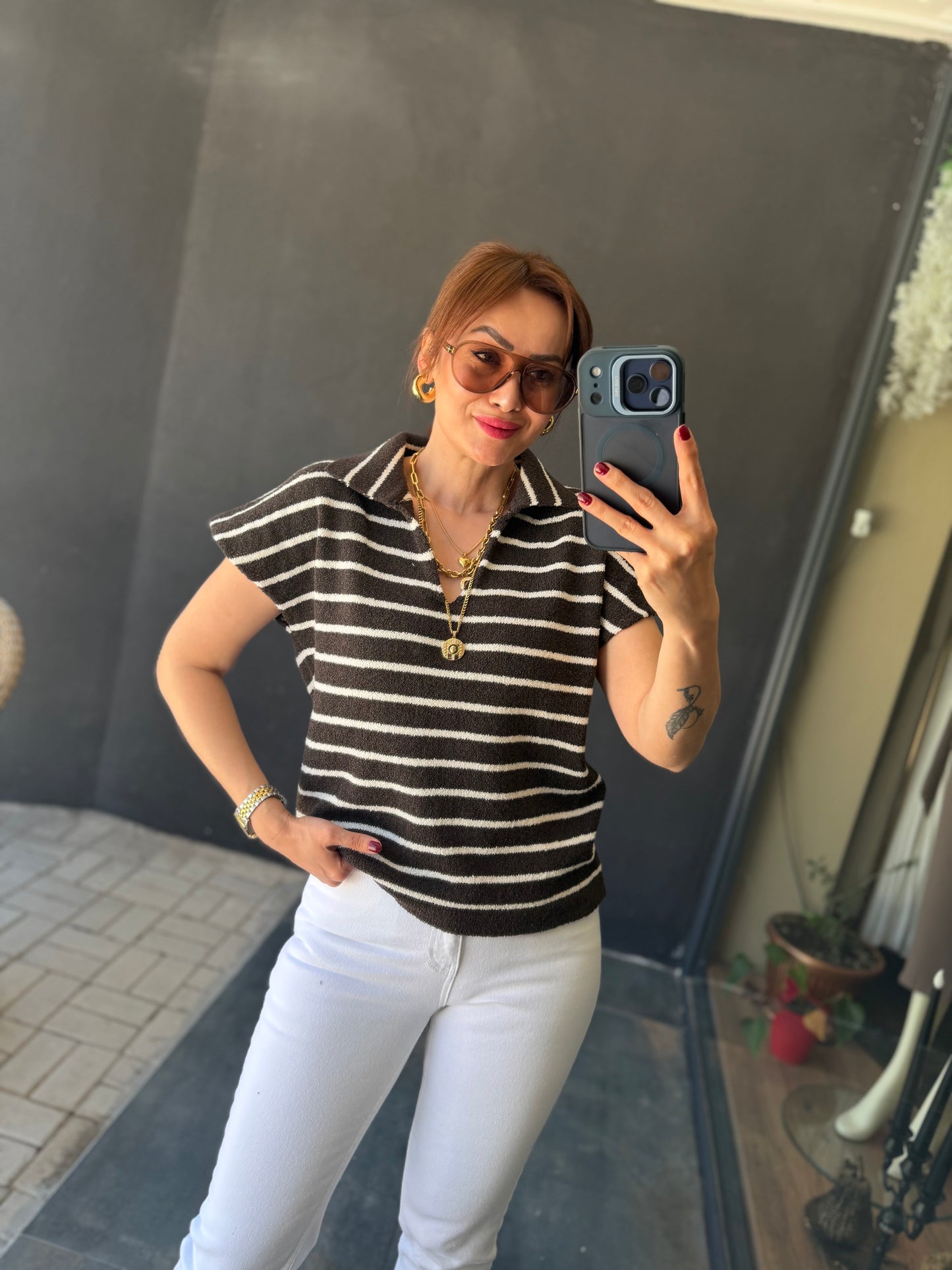 Virage Kahve Çizgili Triko Bluz