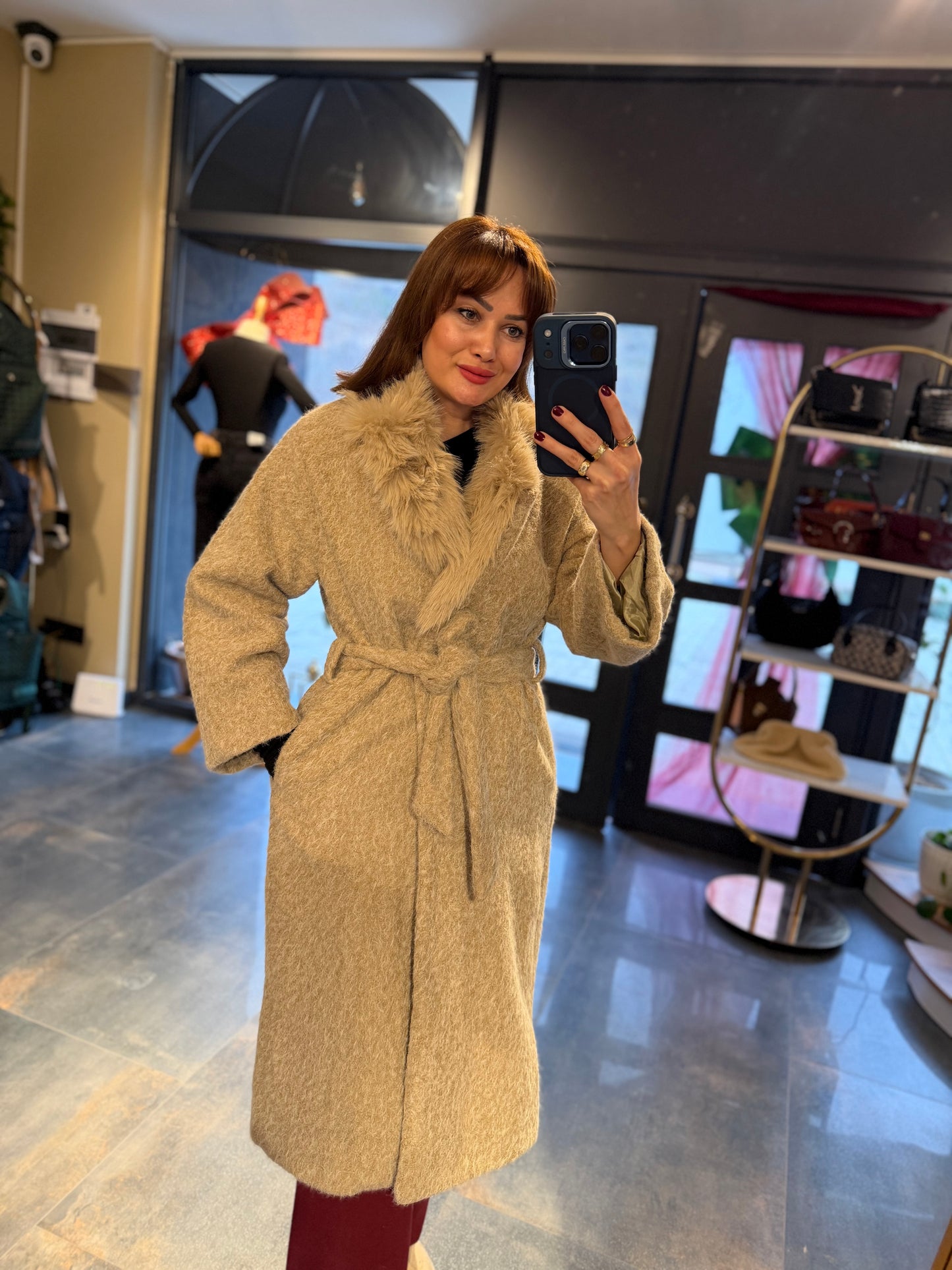 Fancy Bej Keçe Astarlı Mont