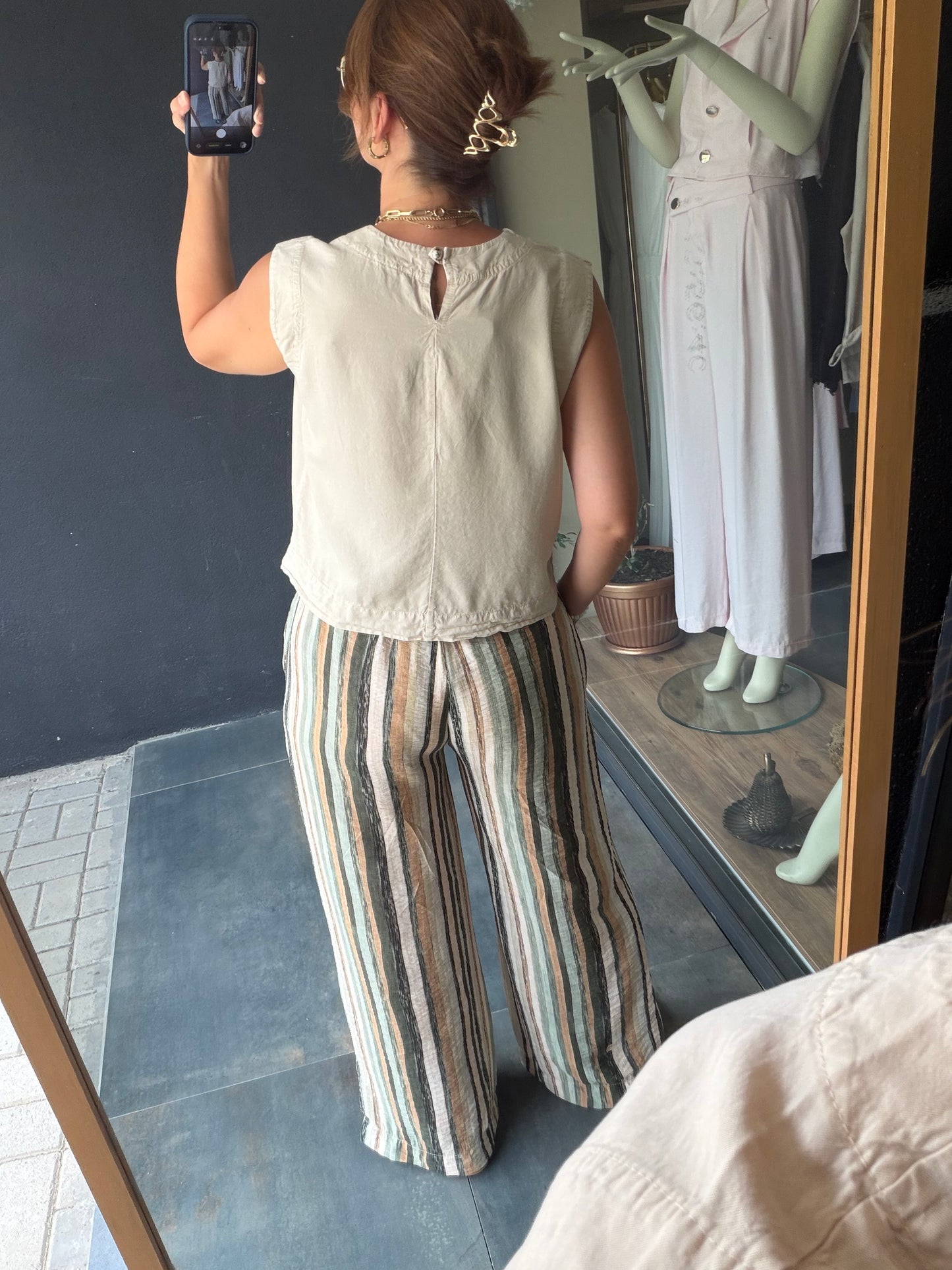 Sahara Haki Çizgili Bol Paça Pantolon & Bluz Takım