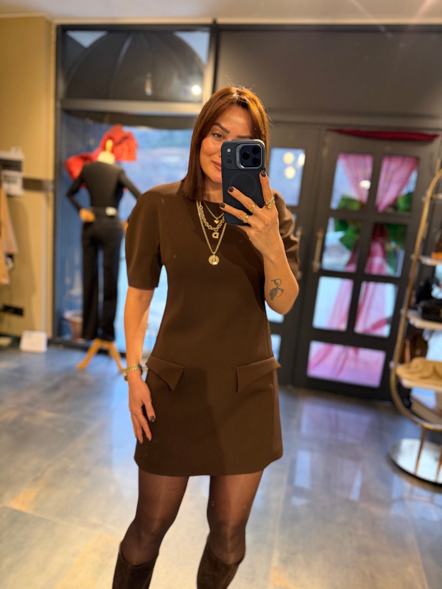 Moss Kahve Cep Detaylı Vatkalı Elbise