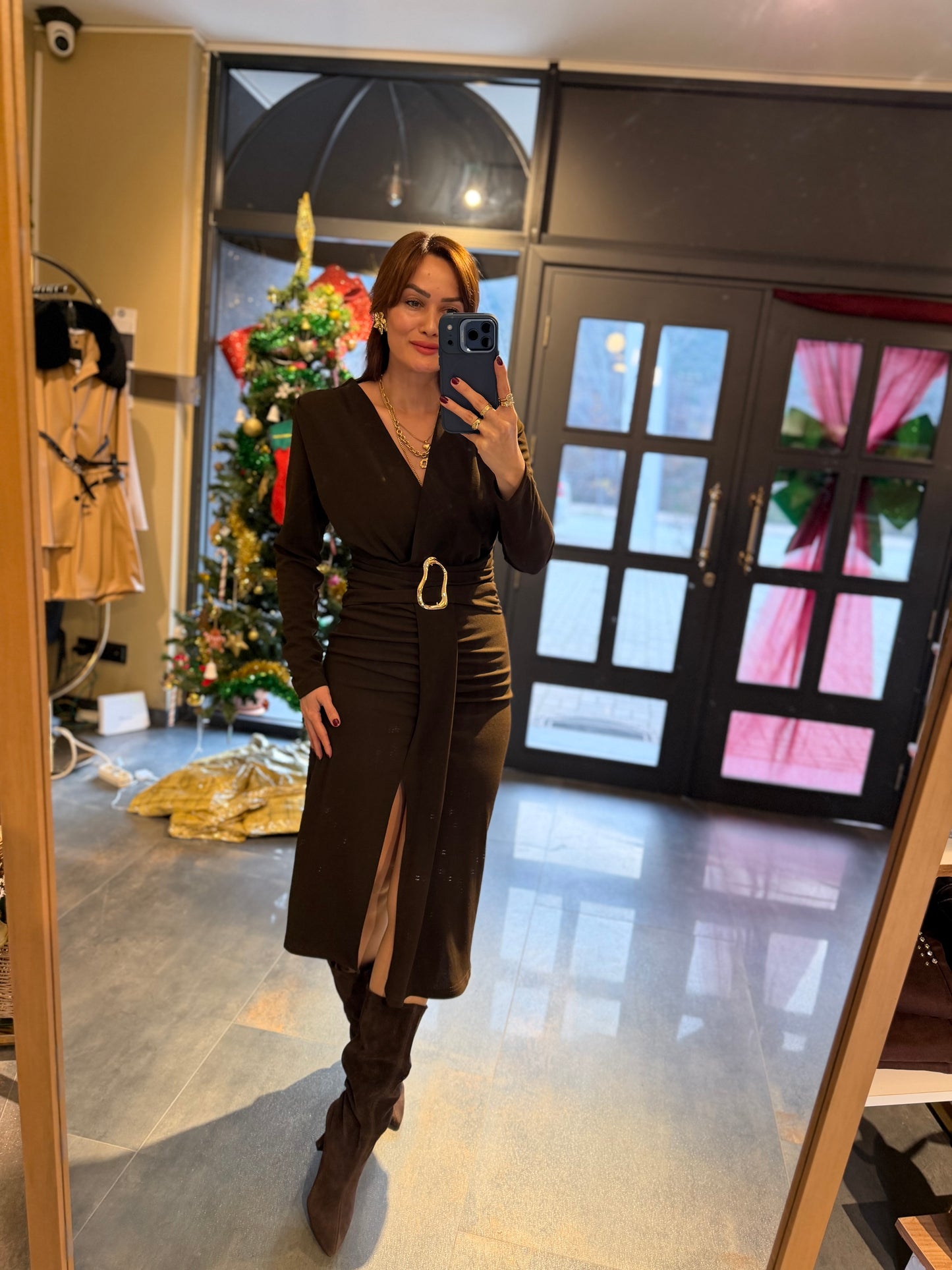 Alin Kahve Kemer Detaylı Korse Elbise