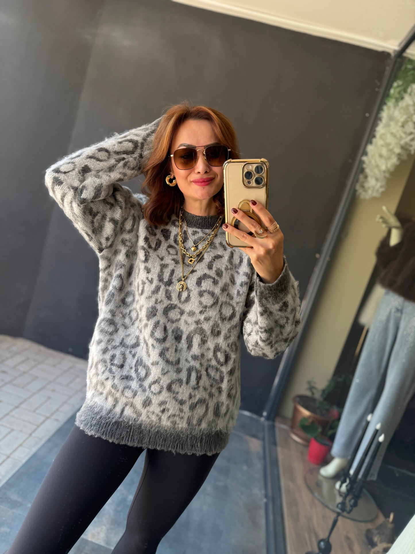 Ozi Gri Leopar Kaşmir Kazak