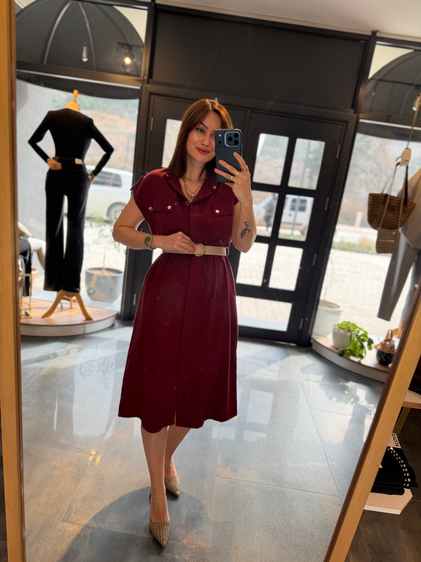 Farko Bordo Pamuklu Midi Boy Elbise