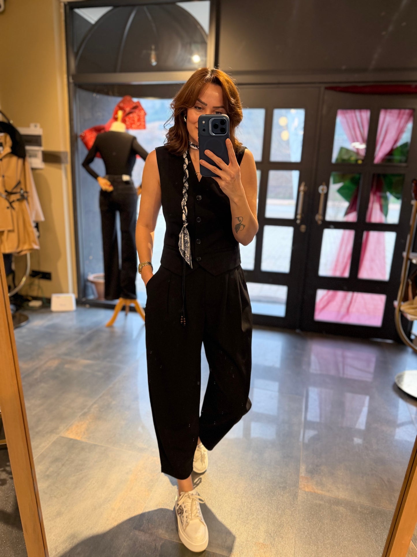 Casual Siyah Harem Yelekli Takım