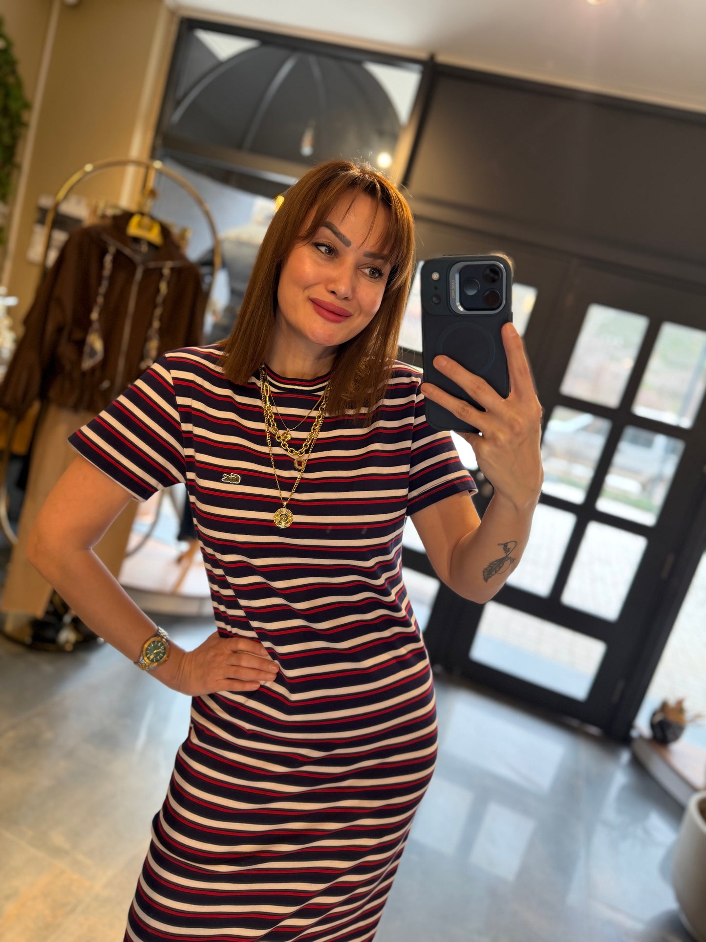 Oste Bordo Çizgili Elbise