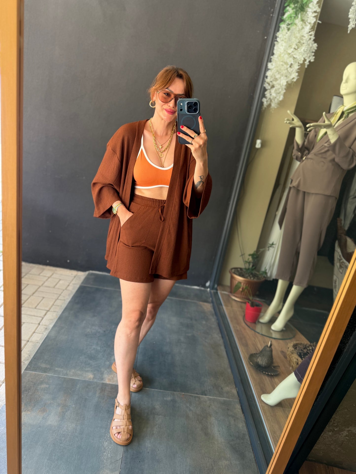 Kahve Müslin Şort Kimono Takım