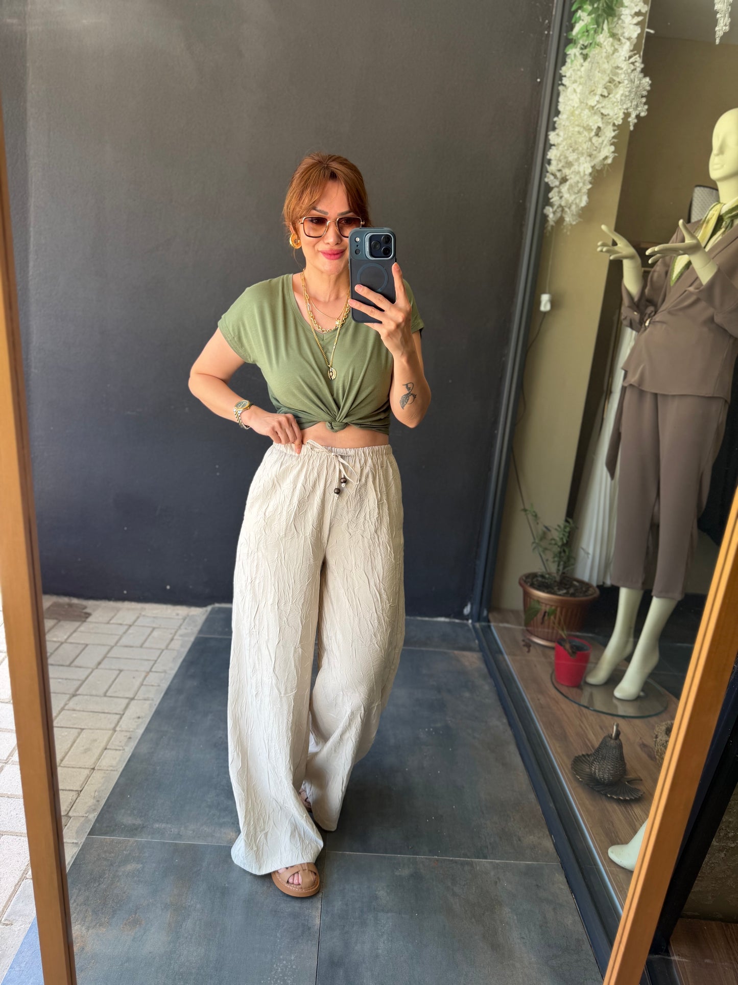 Gri Palazzo Pantolon & T-shirt Kombin