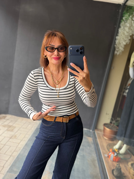 Norevi Beyaz/Siyah Çizgili U Yaka Body