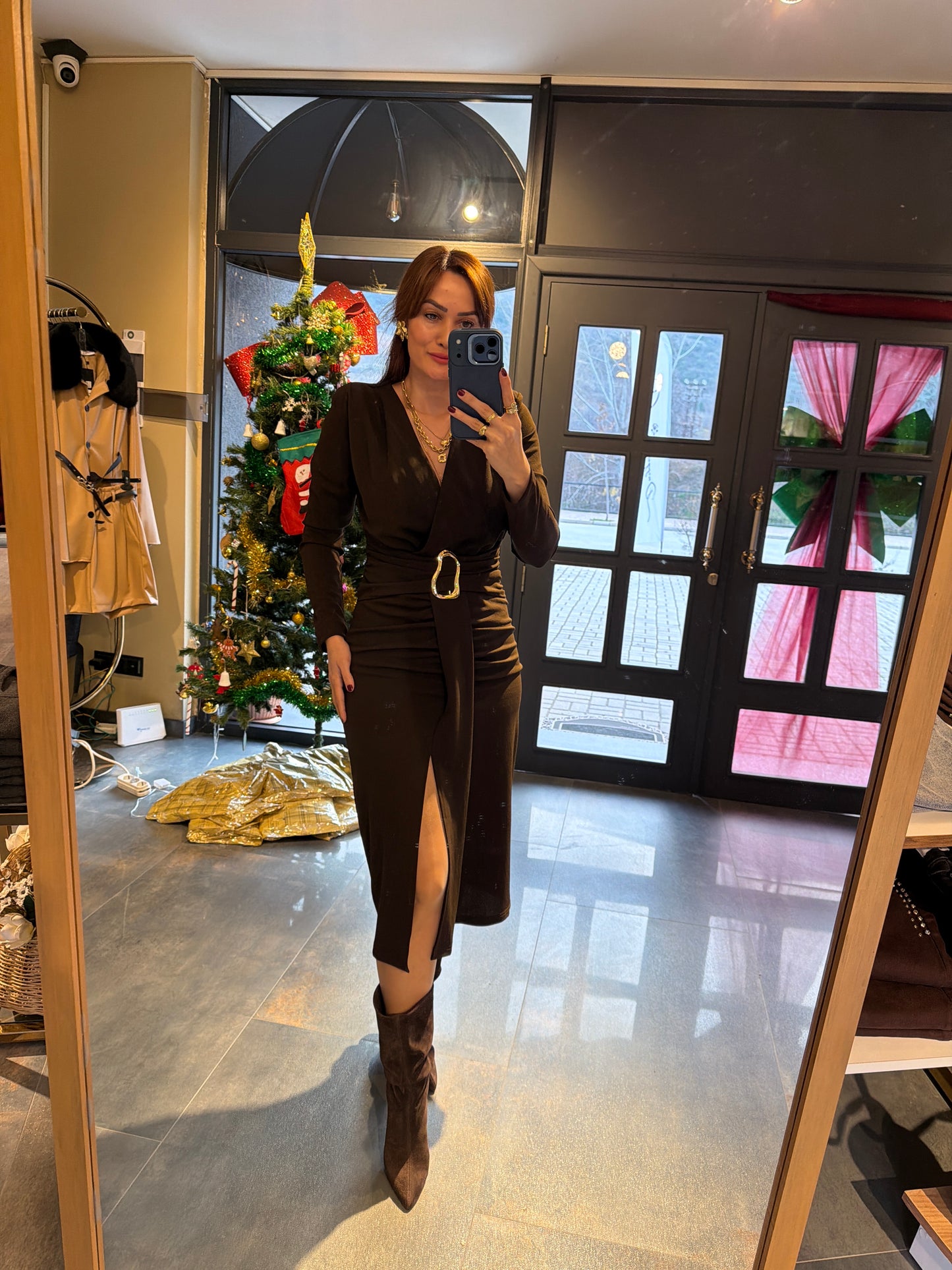 Alin Kahve Kemer Detaylı Korse Elbise