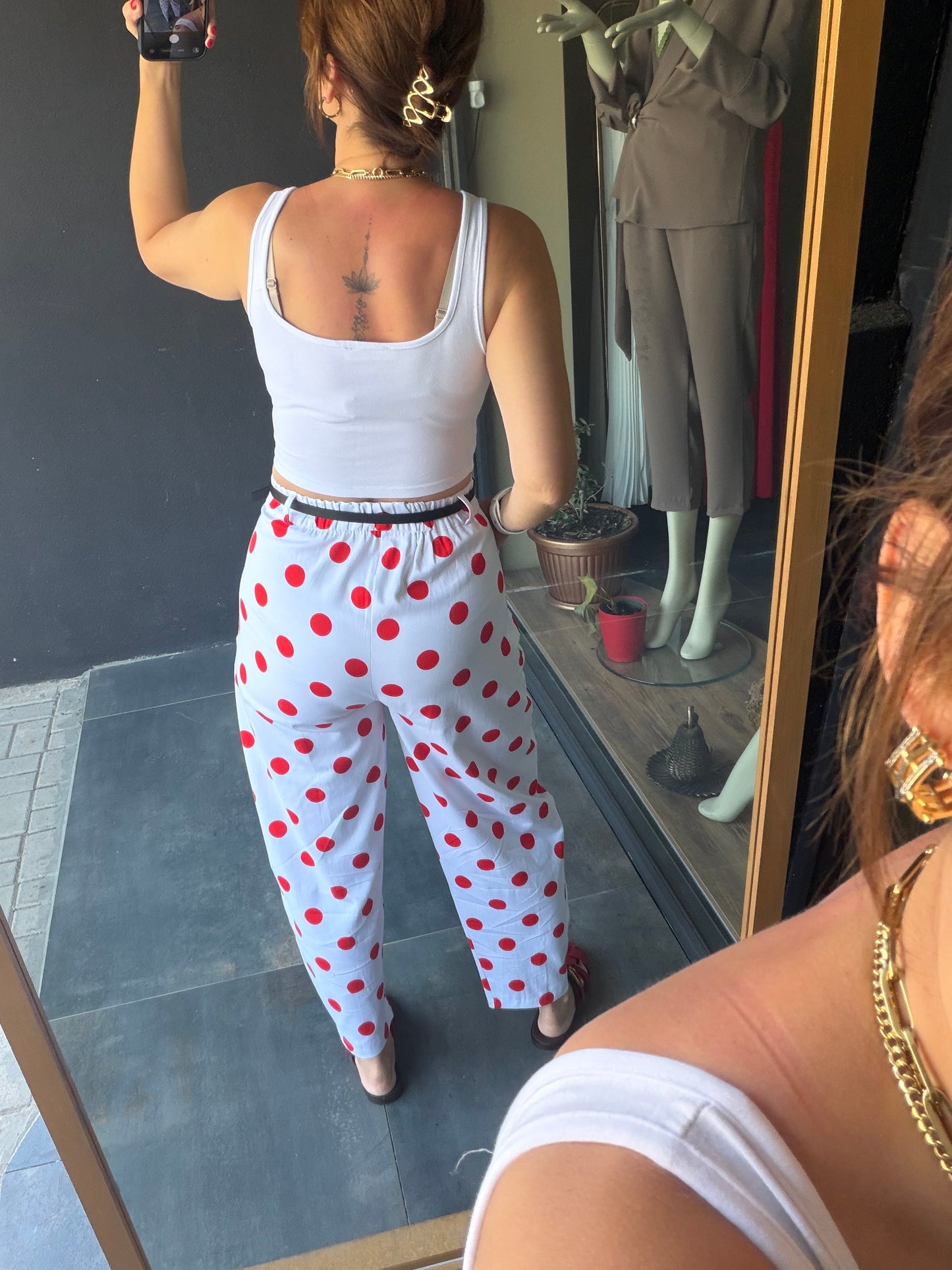 Puantiyeli Kırmızı Baggy Pantolon