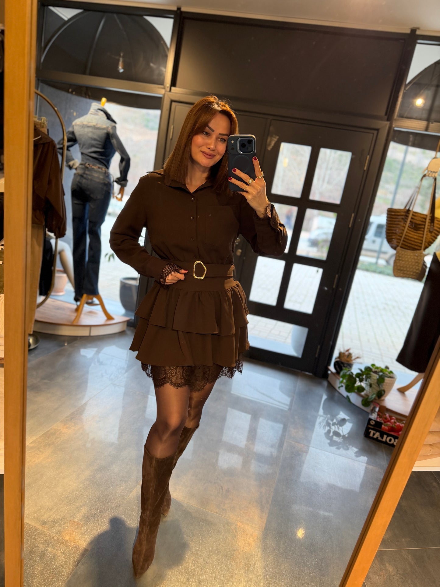 Angeles Kahve Dantel Detaylı Elbise