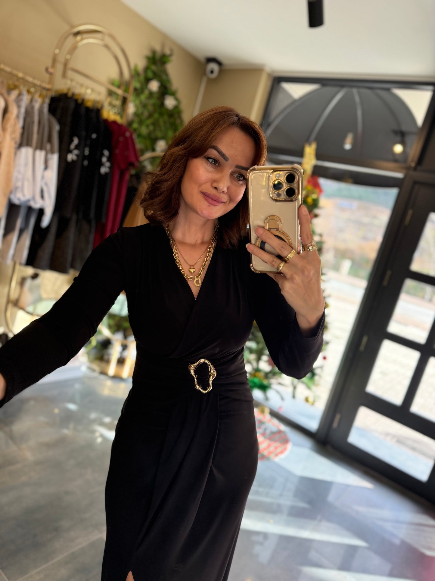 Nira Candy Kumaş Siyah Kemerli Elbise